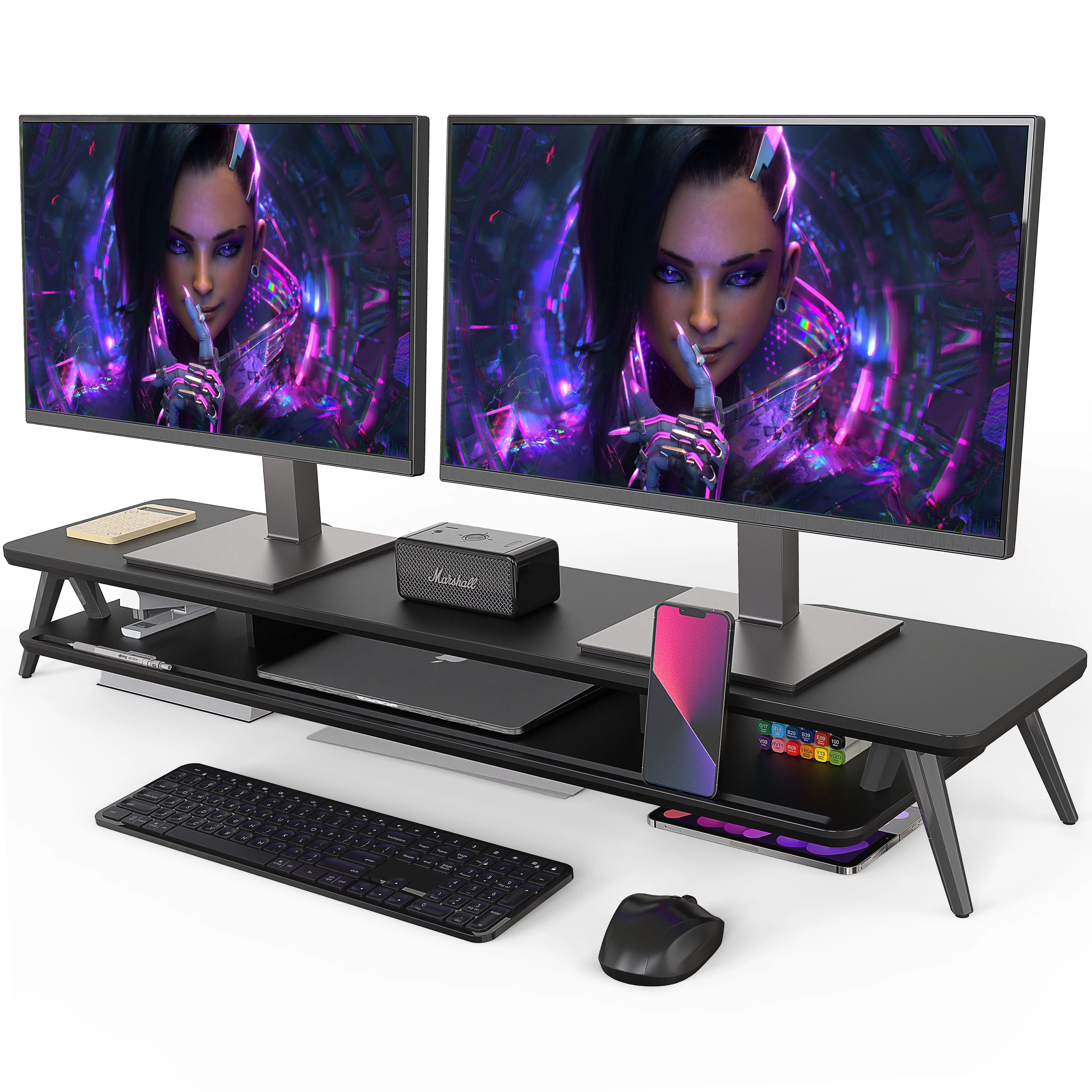 Fenge Dual Monitor Stand Riser for 2 Monitors, 42.5 Inch Desk Shelf with Storage Organizer