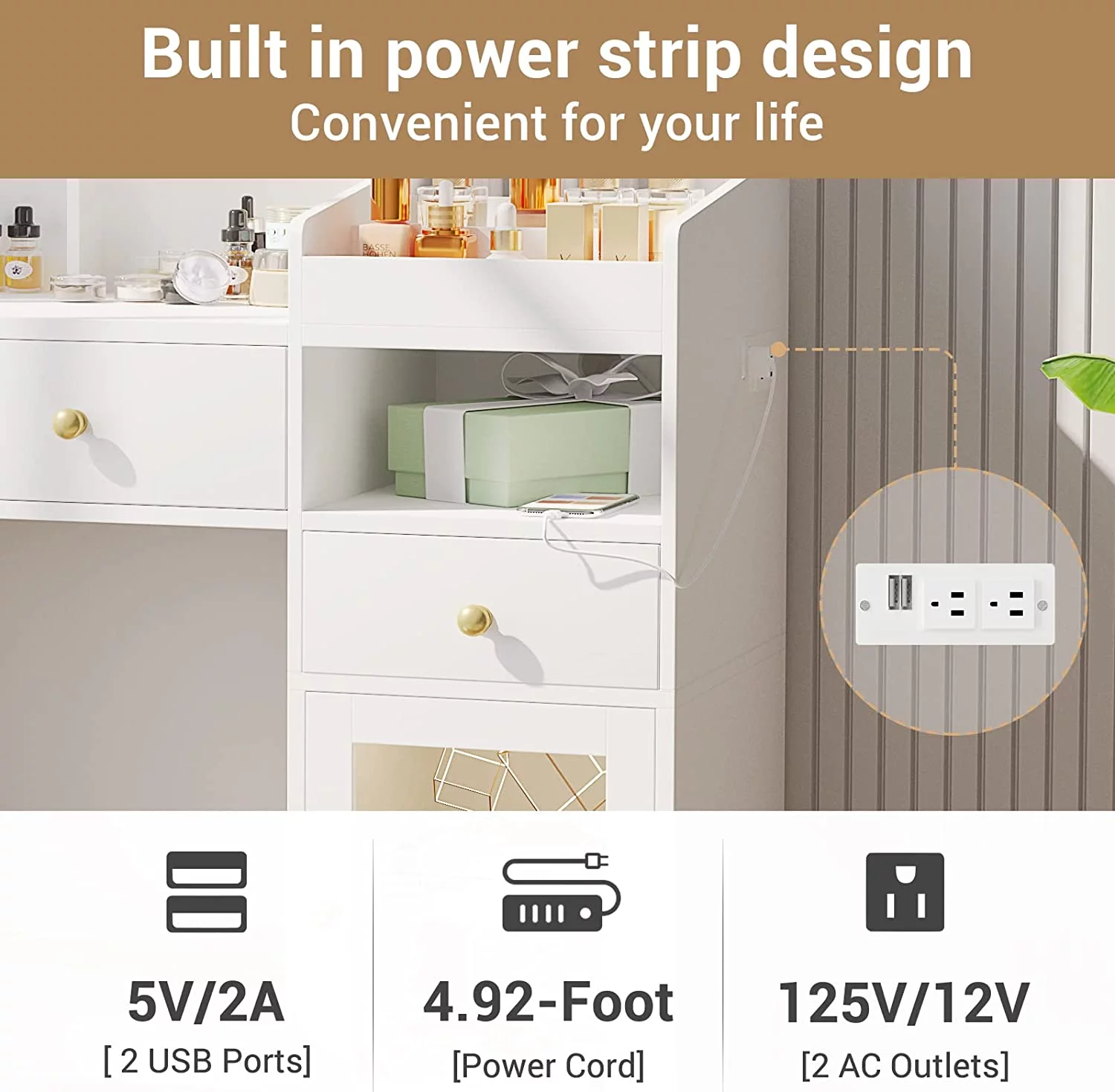 Afuhokles White Vanity Desk with Mirror and Lights in 3 Colors, Vanity Table with Charging Station, Makeup Desk with Storage Cabinet