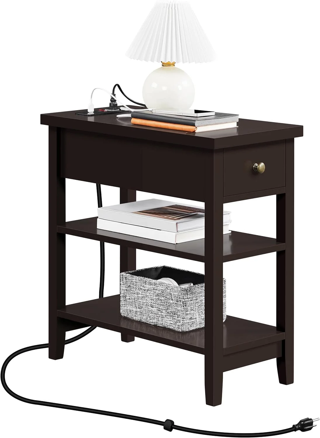 Narrow Nightstand with Charging Station, Bedside Table with Drawer and 2 Shelves, Slim Nightstand with Power Outlets and USB Ports for Bedroom Hallway Small Space, Espresso