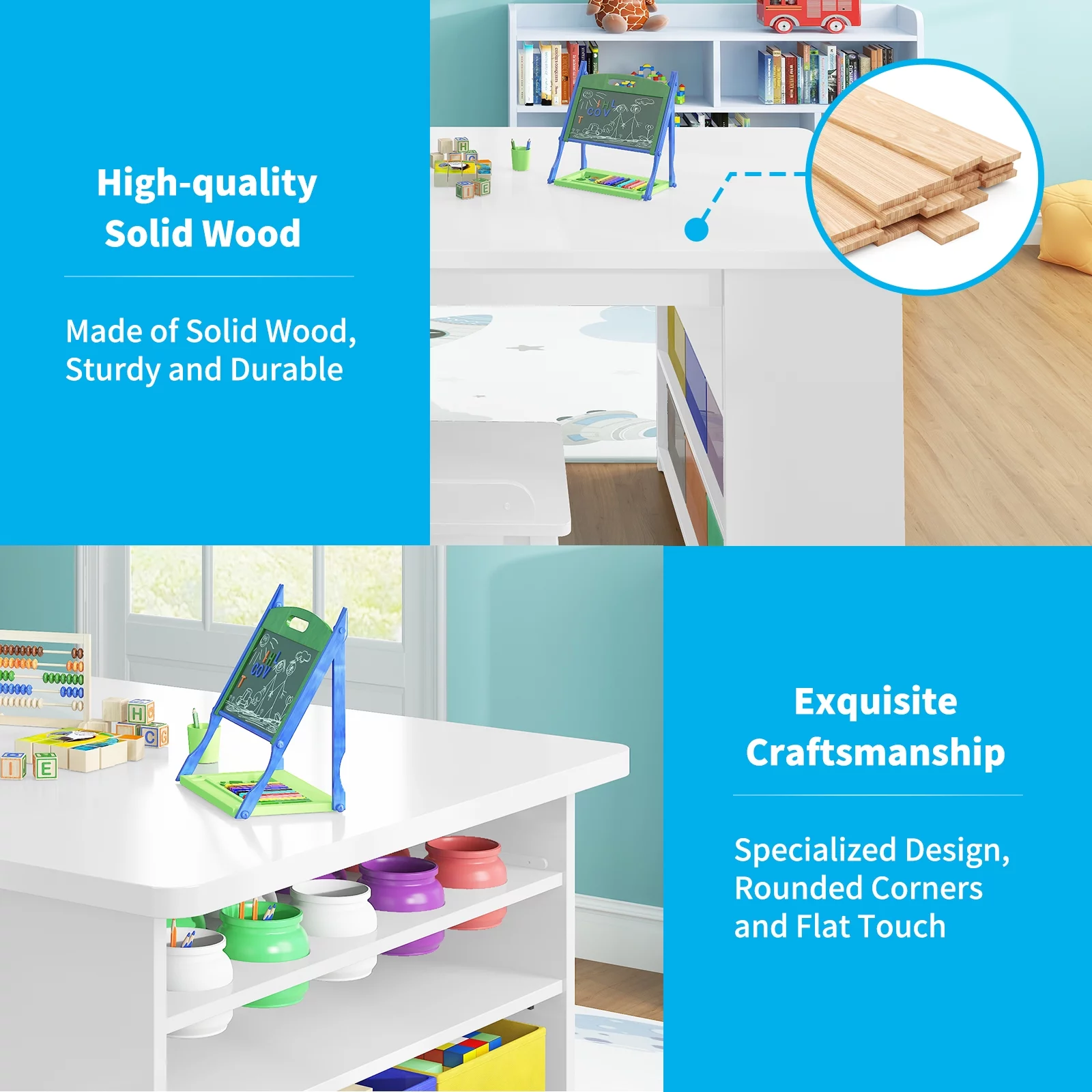 BALUS Modern Kids' Art Table and Stools Set (White), Wooden Drawing and Painting Desk with Paper Roller and Removable Craft Supplies Storage Bins