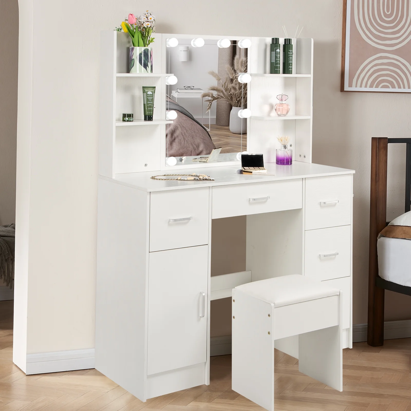 Yamissi Makeup Vanity Set for Bedroom, Vanity Desk with Mirror and Lights, Makeup Dressing Table with Shelves, Drawers, Cabinet and Stool, White