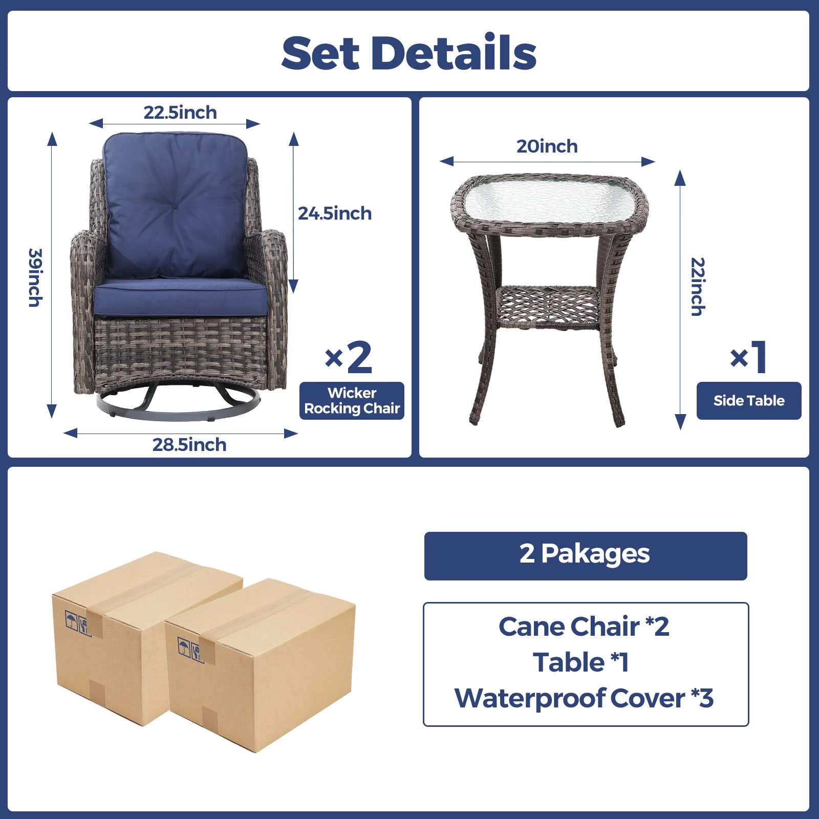 WILOUNGE 3 Pieces Patio Furniture Sets,Outdoor Furniture with Patio Chairs and Glass Side Table, 360°Swivel Rocking Chair Wicker Patio Furniture &Gift for 3 Pieces Rain Cover