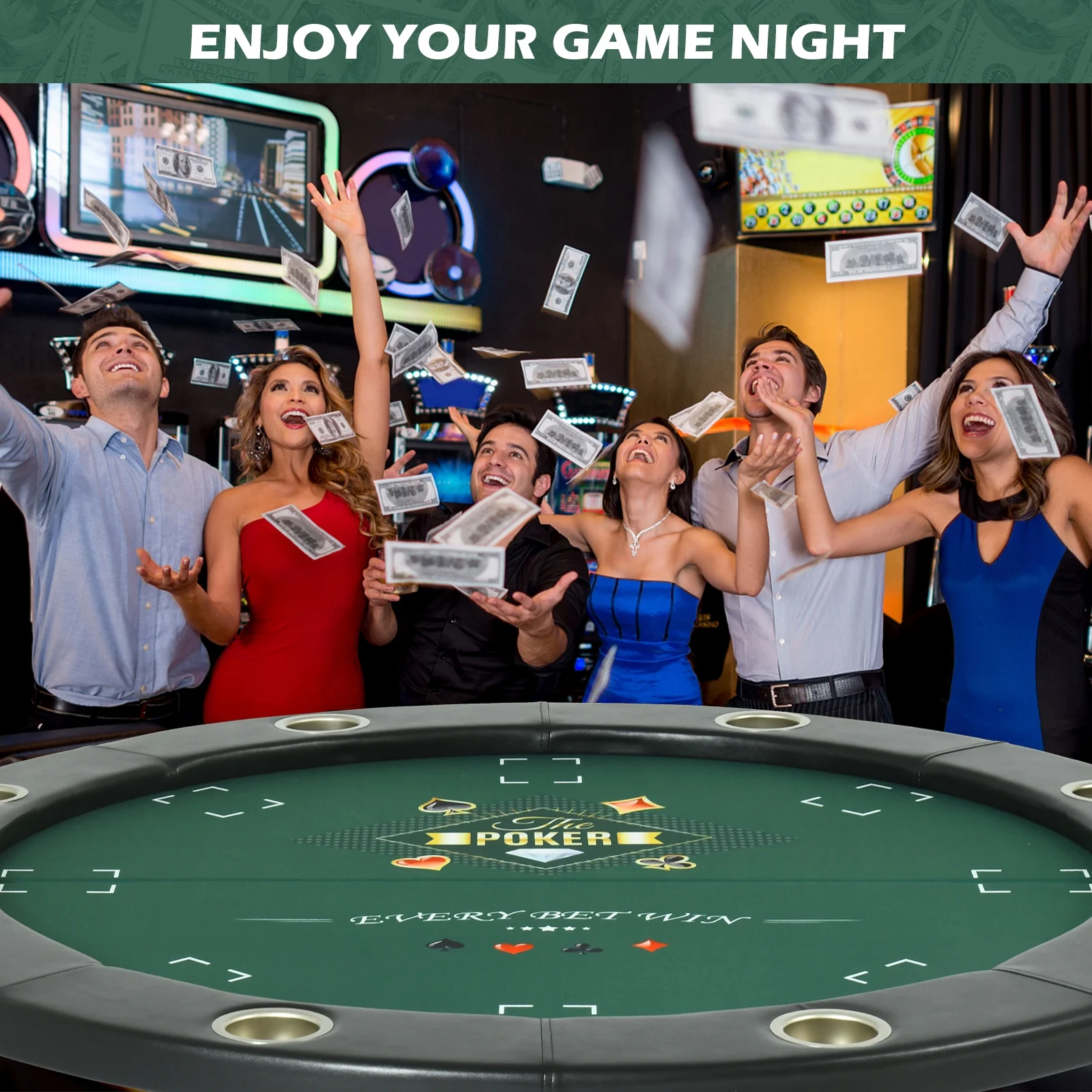 RayChee Round Poker Table Foldable, 8 Players Casino Leisure Card Game Table w/Stainless Steel Cup Holders & Padded Rails, Folding Texas Holdem Table for Blackjack Board Game (Black, 48 Inch)