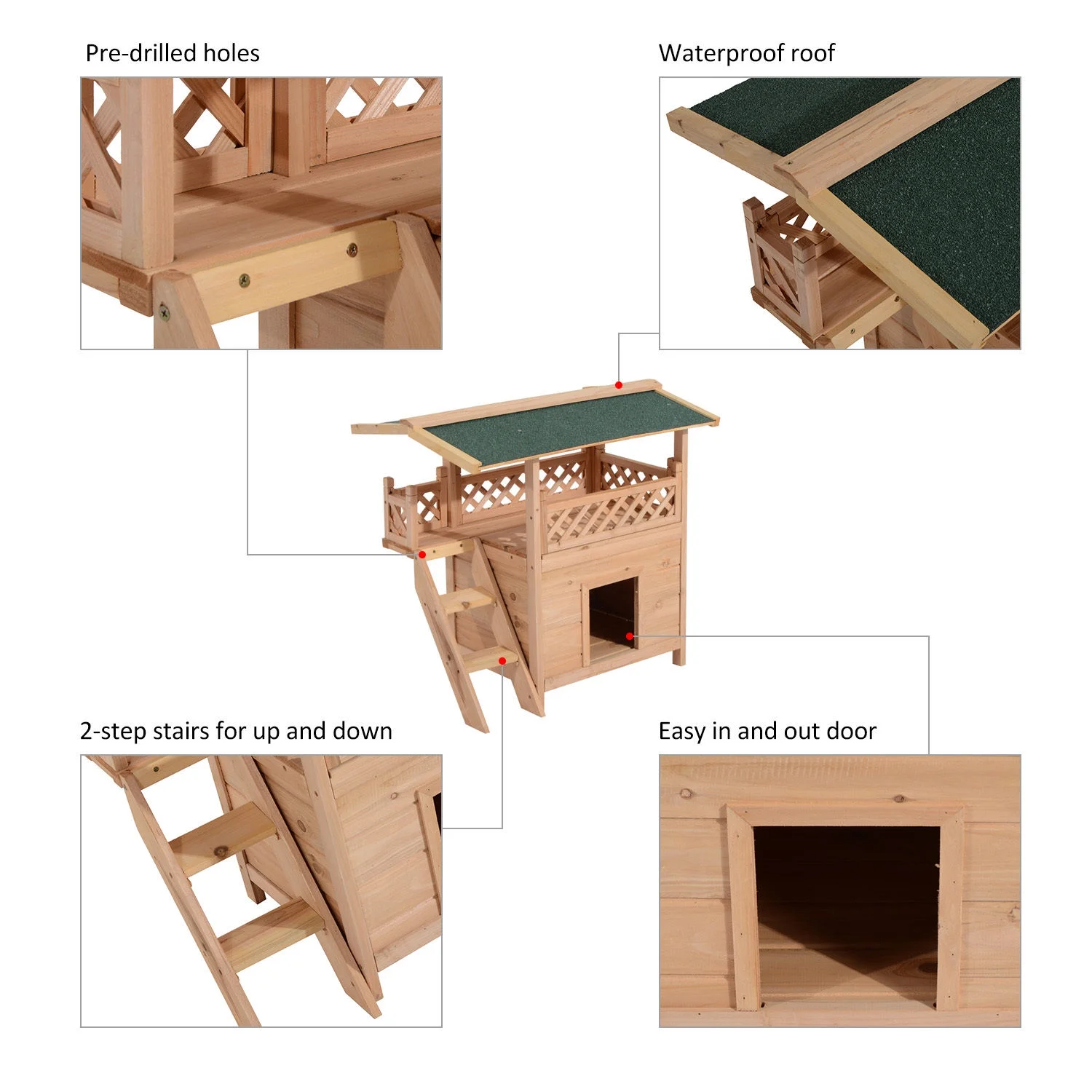 Pawhut 2-Story Indoor, Outdoor Wooden Cat House Shelter With Balcony Roof, Natural