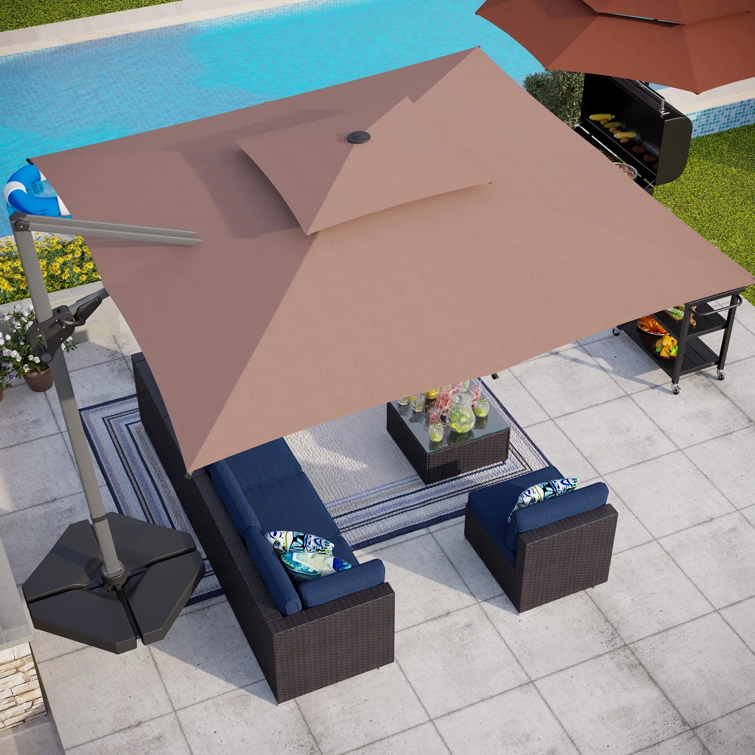 Summit Living 10ft Double Top Cantilever Offset Patio Umbrella with 360 Degree Rotation & Tilt & Cross Base All Aluminum Frame, Beige