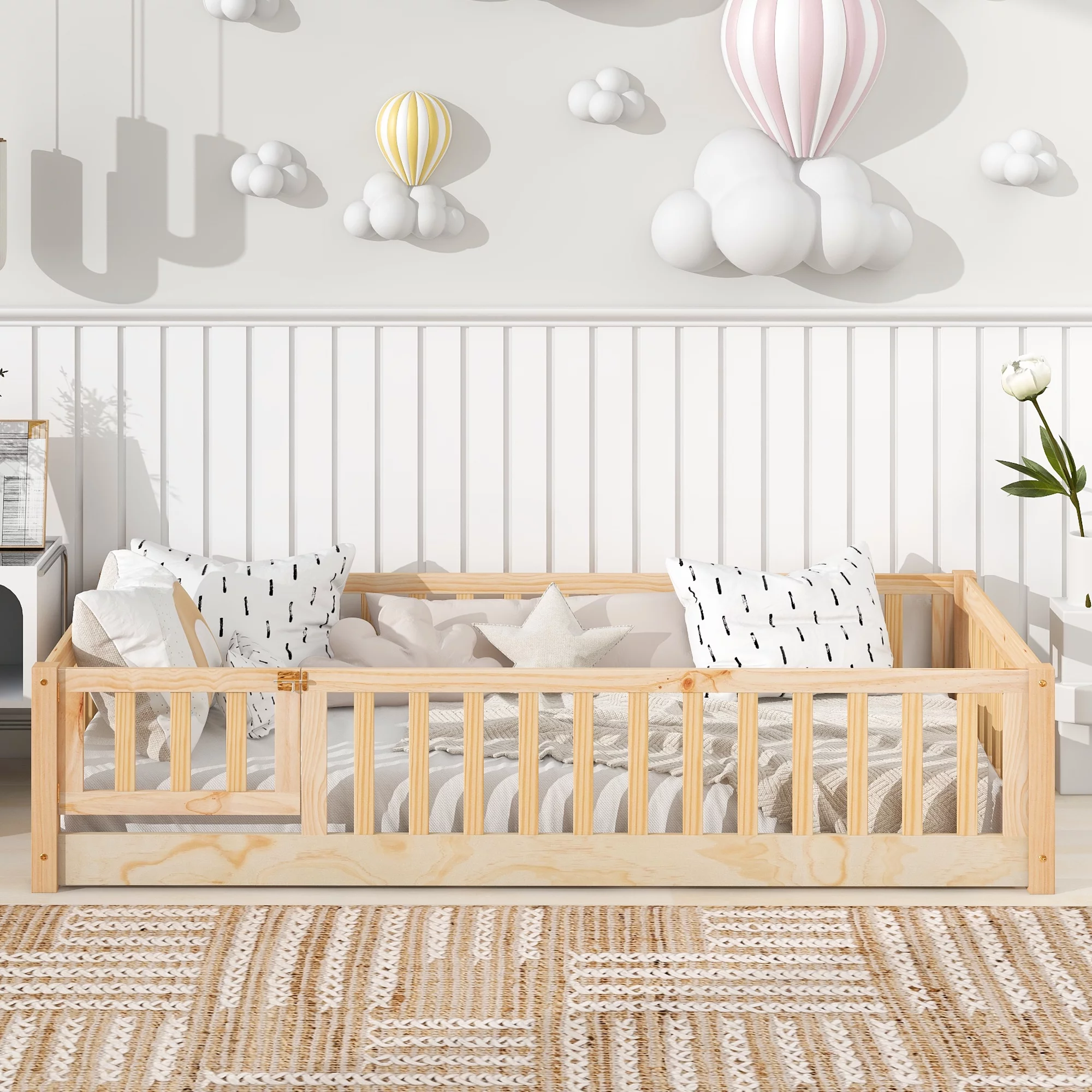 PAPROOS Twin Floor Bed Frame for Toddler, Wood Platform Bed with Wooden Slats, Fence and Door, , Twin Size Montessori Floor Bed Cute Playhouse Bed for Kids Girls Boys, No Box Spring Needed, Natural