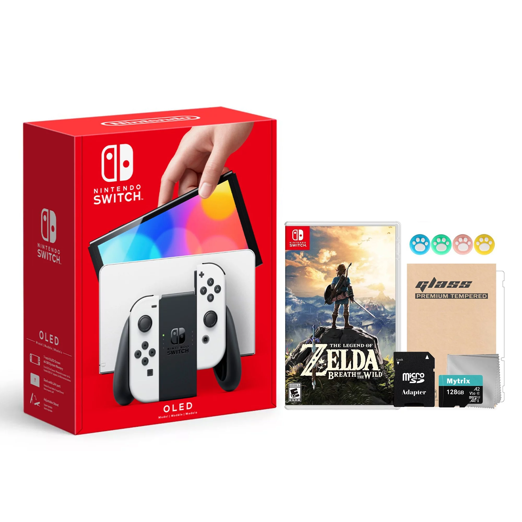 Nintendo Switch OLED Model White Joy Con 64GB Console Improved HD Screen and LAN-Port Dock with The Legend of Zelda: Breath of the Wild and Mytrix Accessories 2021 New