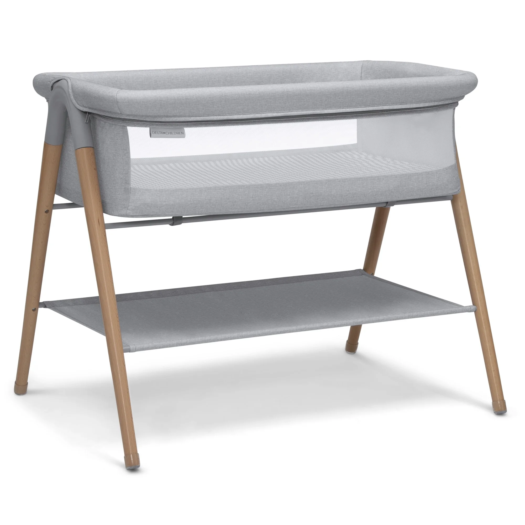 Delta Children Haven Beechwood by the Bed Bassinet with Breathable Mesh and  Natural Beechwood Legs, Grey Stripe