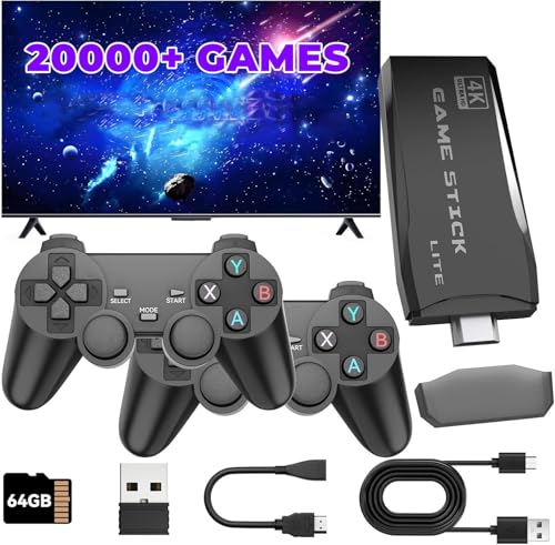 Wireless Retro Gaming Console Stick,Plug and Play TV Video Games Stick Built-in Retro Drive 20000+ Games,4K HDMI Output,Dual 2.4G Wireless Controllers (64GB)
