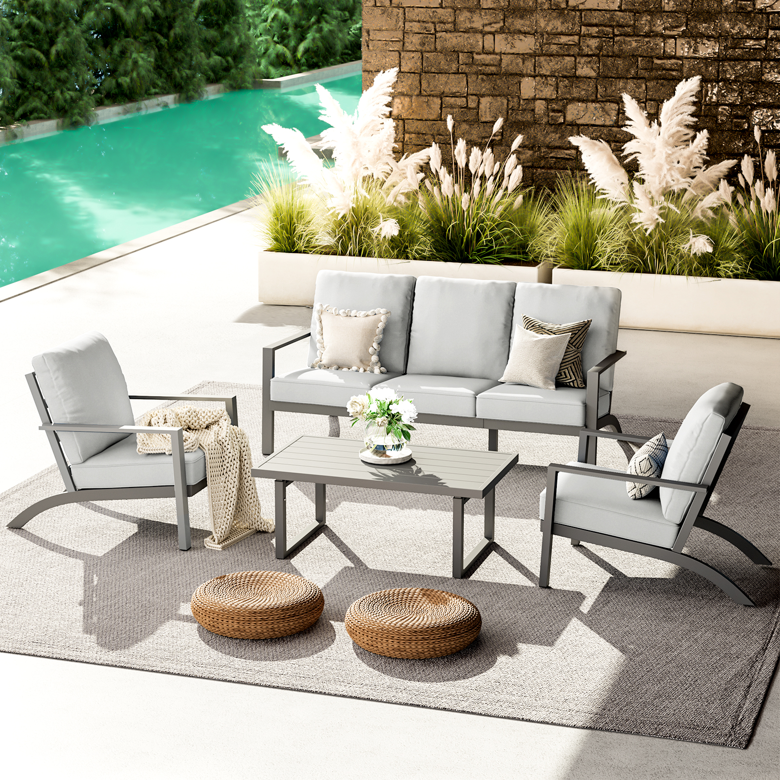 AECOJOY Aluminum Patio Furniture Set Modern Metal Outdoor Patio Furniture Clearance, Adirondack Patio Conversation Sets for Lawn, Backyard, and Deck with Grey Cushions