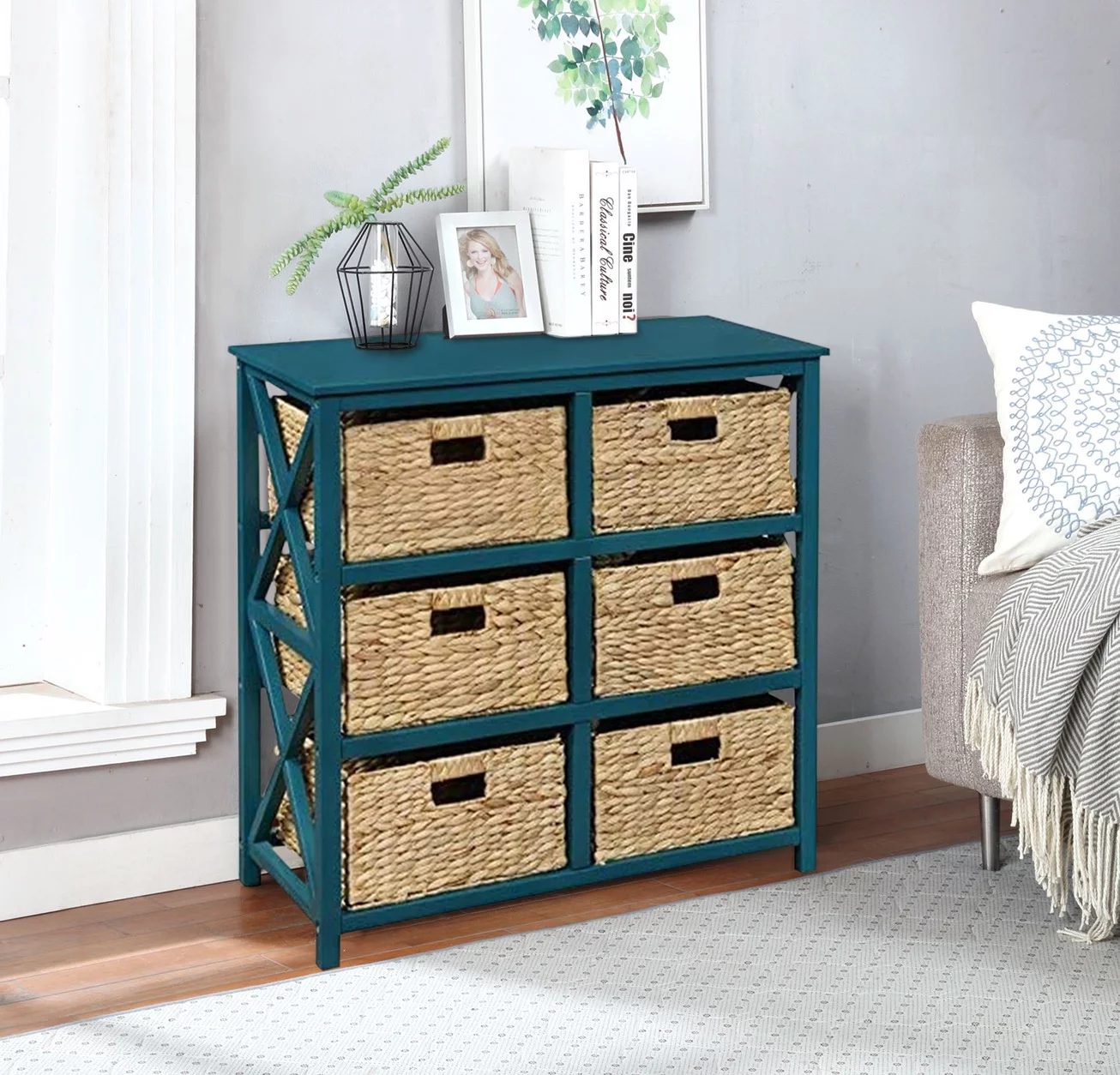 eHemco 3 Tier X-Side End Storage Cabinet with 6 Water Hyacinth Natural Wicker Baskets, Teal