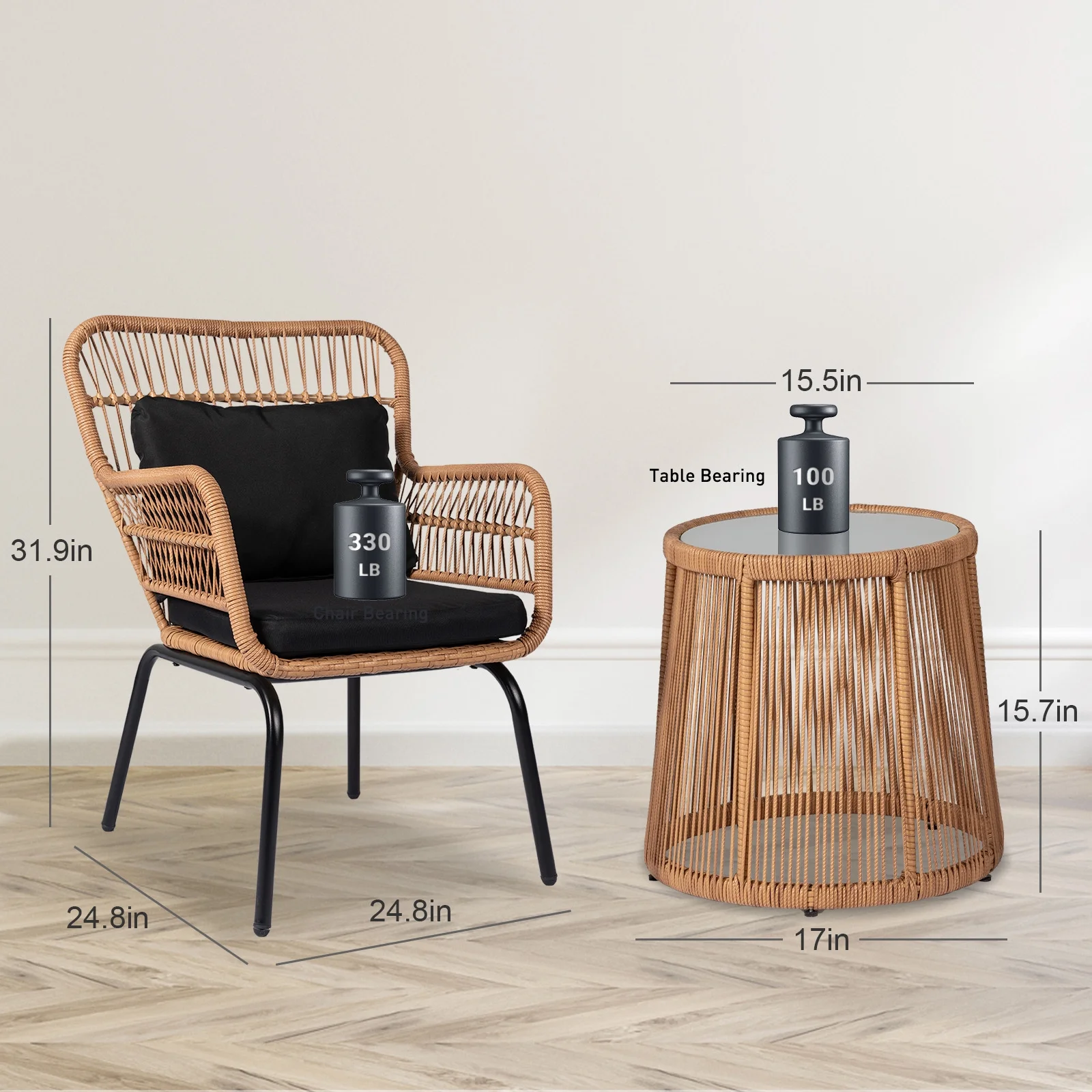 Tappio 3 Piece Outdoor Wicker Conversation Bistro Set, All-Weather Rattan Furniture Patio Chairs Set with Table for Balcony, Garden Porch Backyard, Yellow/Black