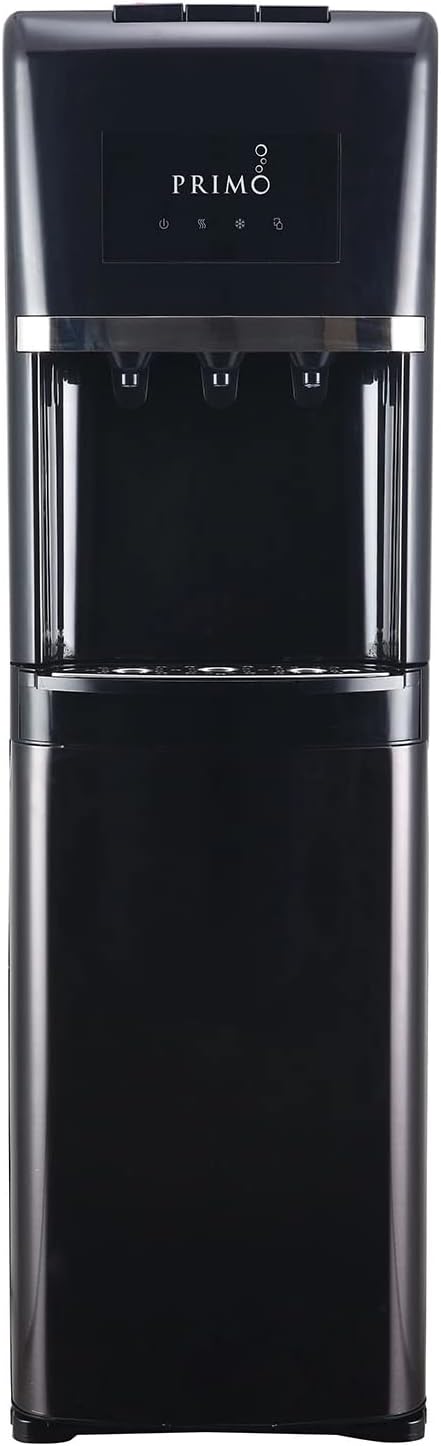 Primo Bottom Loading Self-Cleaning Water Dispenser, 3 Temp (Hot-Cool-Cold) Water Dispenser for 5 Gallon Bottle w/Child-Resistant Safety Feature, Black with Black Stainless Door