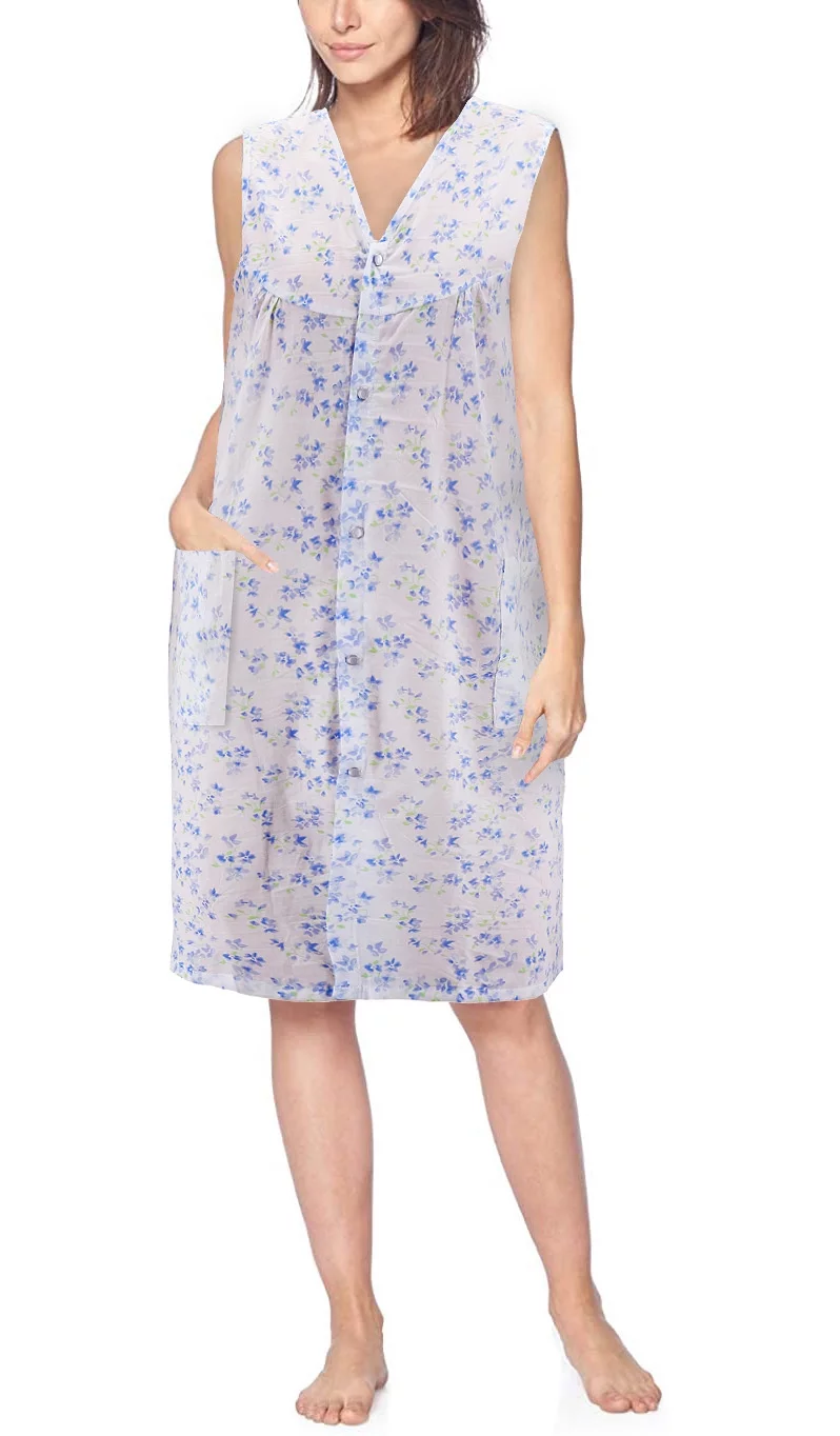 Women's Sleeveless Pearl Snap Button Floral Duster Nightgown Lounger Robe G168 (Blue, 2XL)