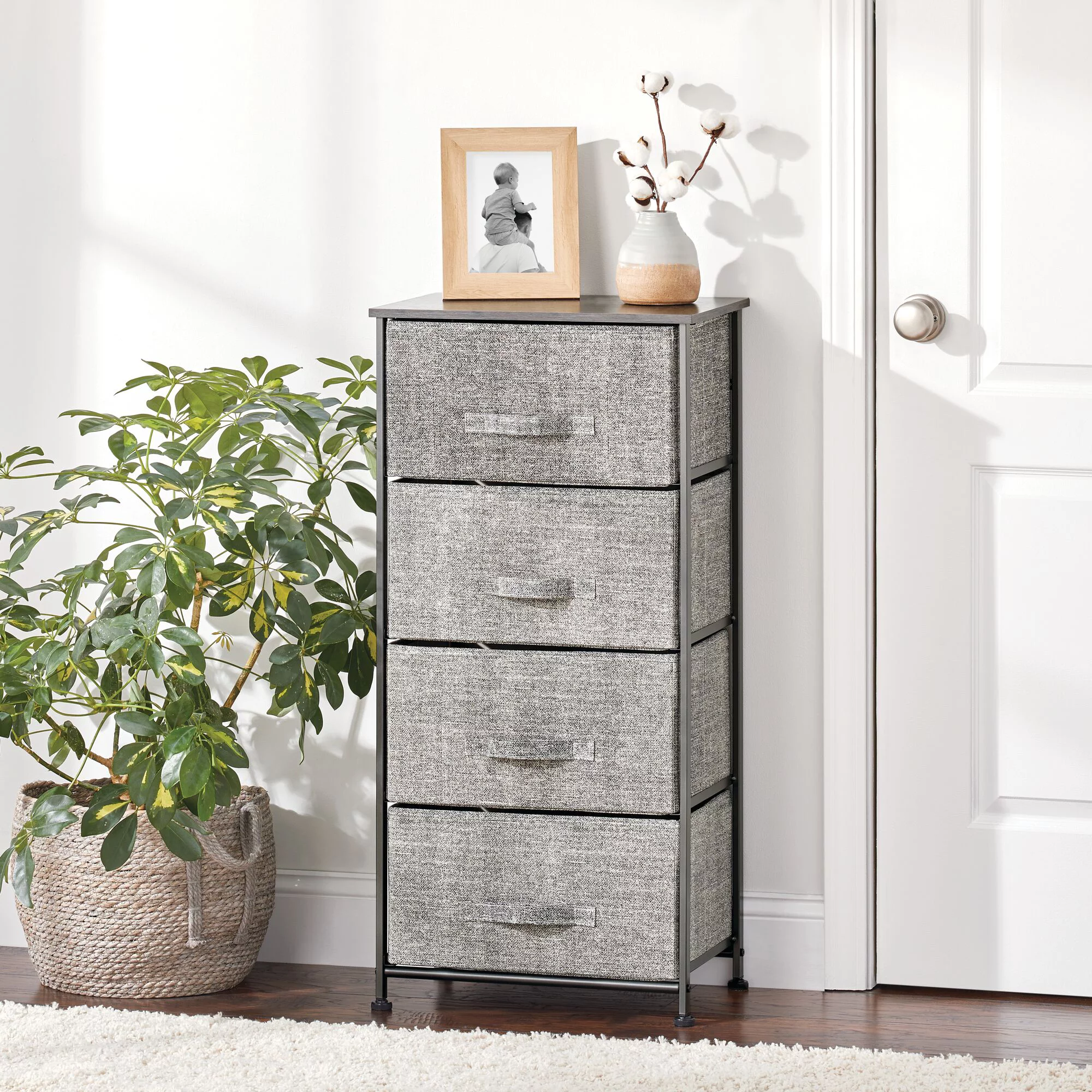 mDesign Tall Dresser Storage Tower Stand with 4 Fabric Drawers -Black/Dark Gray
