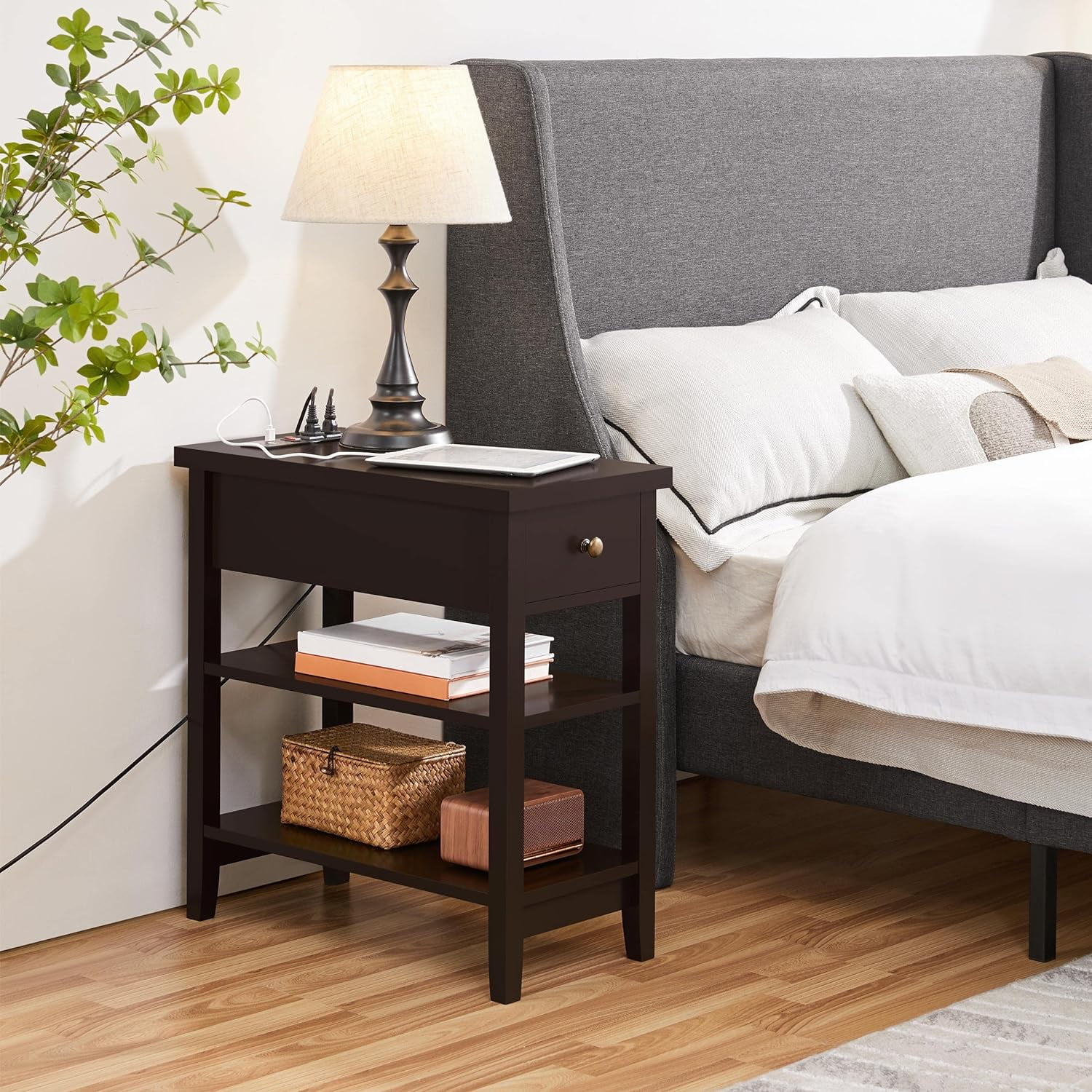 Narrow Nightstand with Charging Station, Bedside Table with Drawer and 2 Shelves, Slim Nightstand with Power Outlets and USB Ports for Bedroom Hallway Small Space, Espresso