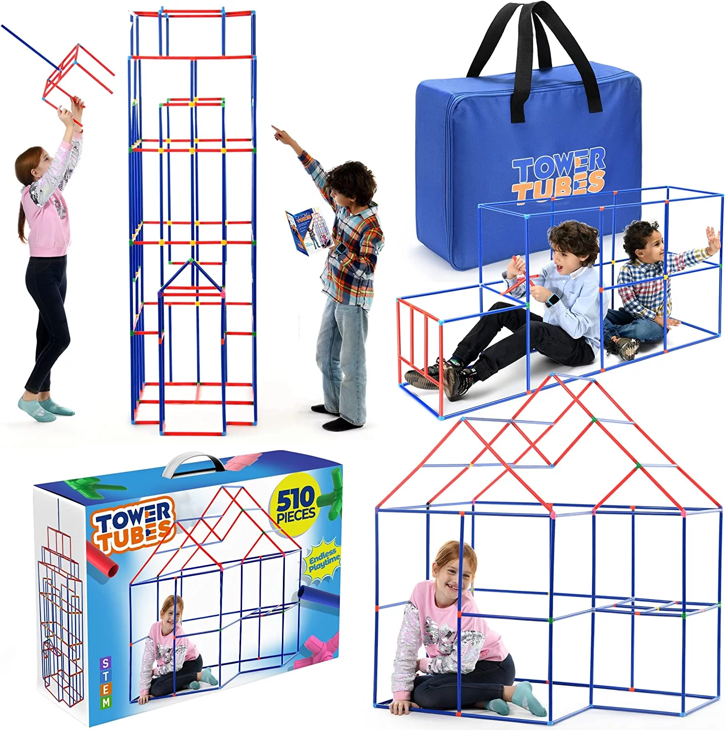 TOWER TUBES Building Toys 510 Piece, Stem Fort Building Kit for Kids 7+ Sturdy Construction Fort Builder, Indoor and Outdoor Building Toy
