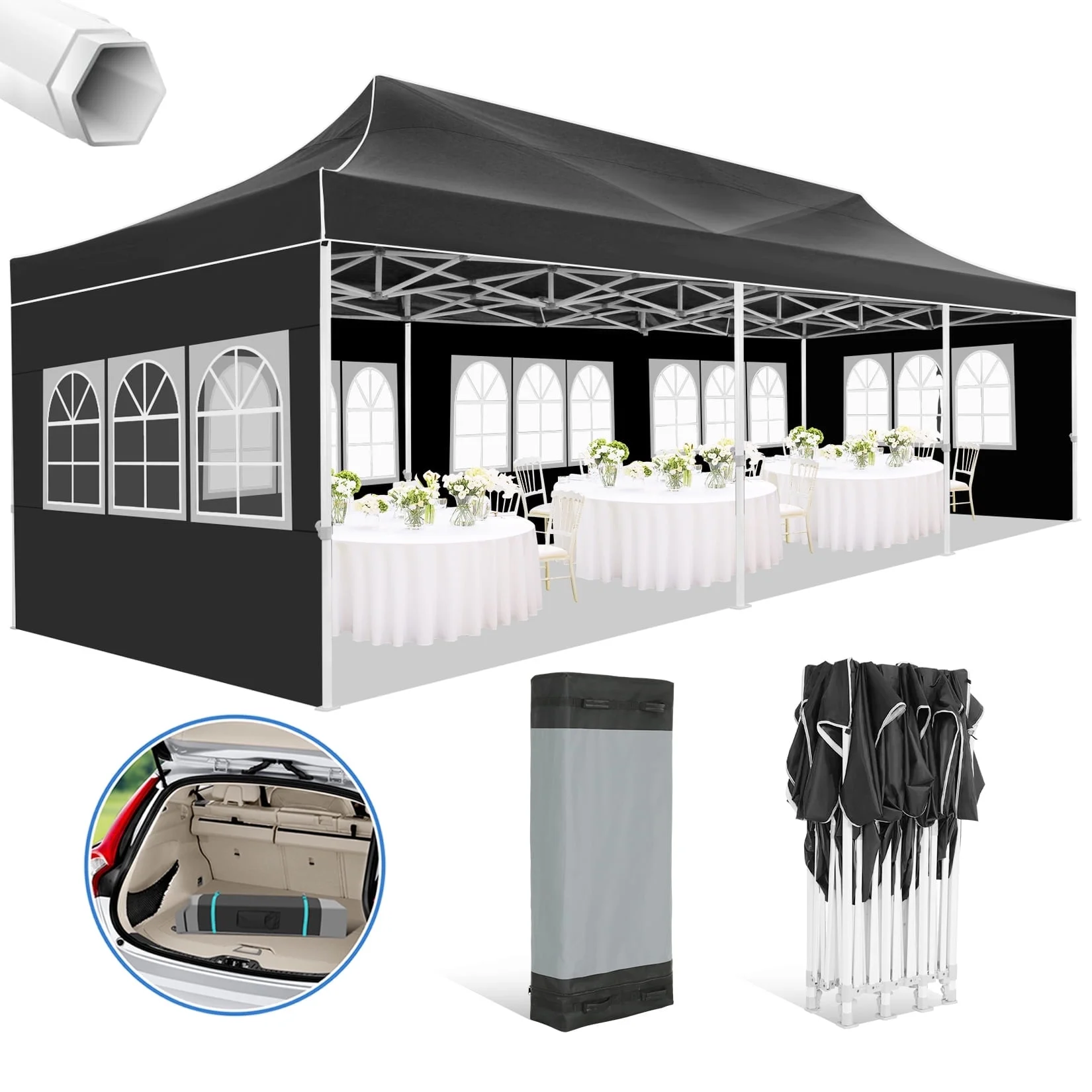 SANOPY 10'x30' EZ Pop Up Canopy, Heavy Duty Commercial Wedding Canopy, Large Waterproof Portable Party Tent with Carry Bag, 8 Removable Sidewalls, 4 Ground Spikes & 4 Ropes, Black