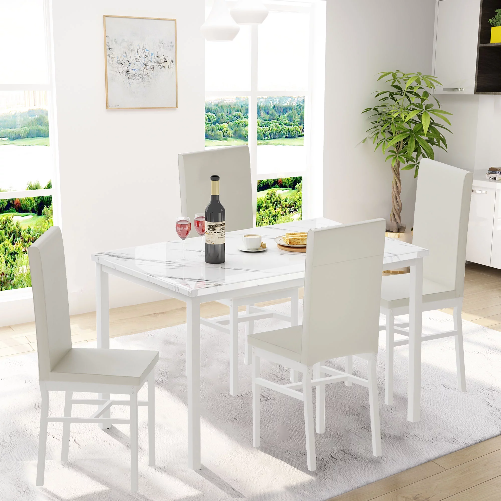 5 Piece Dining Table Set, Kitchen Dining Table and Chairs Set for 4, Modern Marble Table and 4 PU Leather Upholstered Chairs, Home Dining Set for Small Space, Breakfast Nook, White, D8529