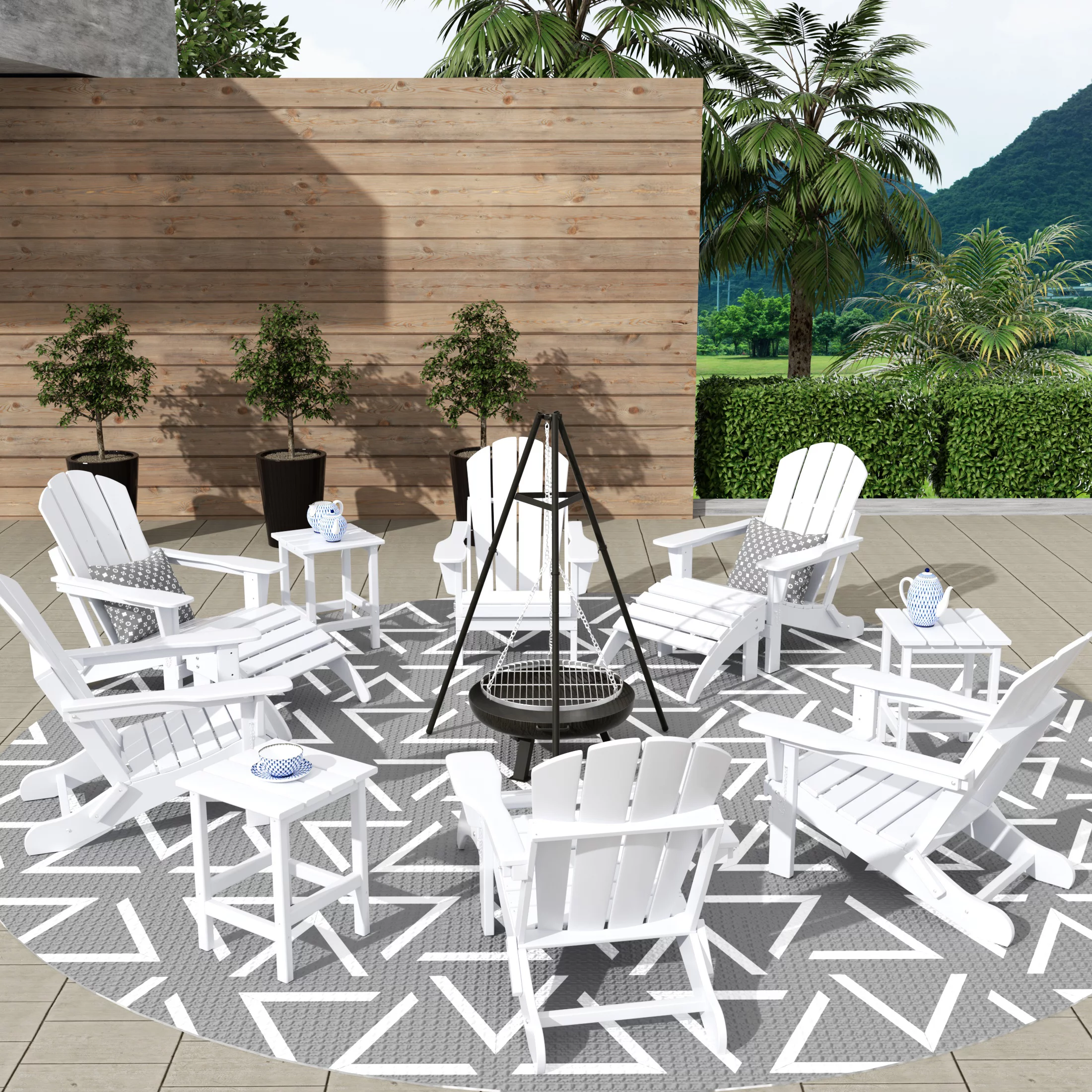 WestinTrends Malibu 12 Piece Adirondack Chairs Set, All Weather Poly Lumber Outdoor Patio Furniture Set Adirondack Chairs with Ottoman and Side Table, White