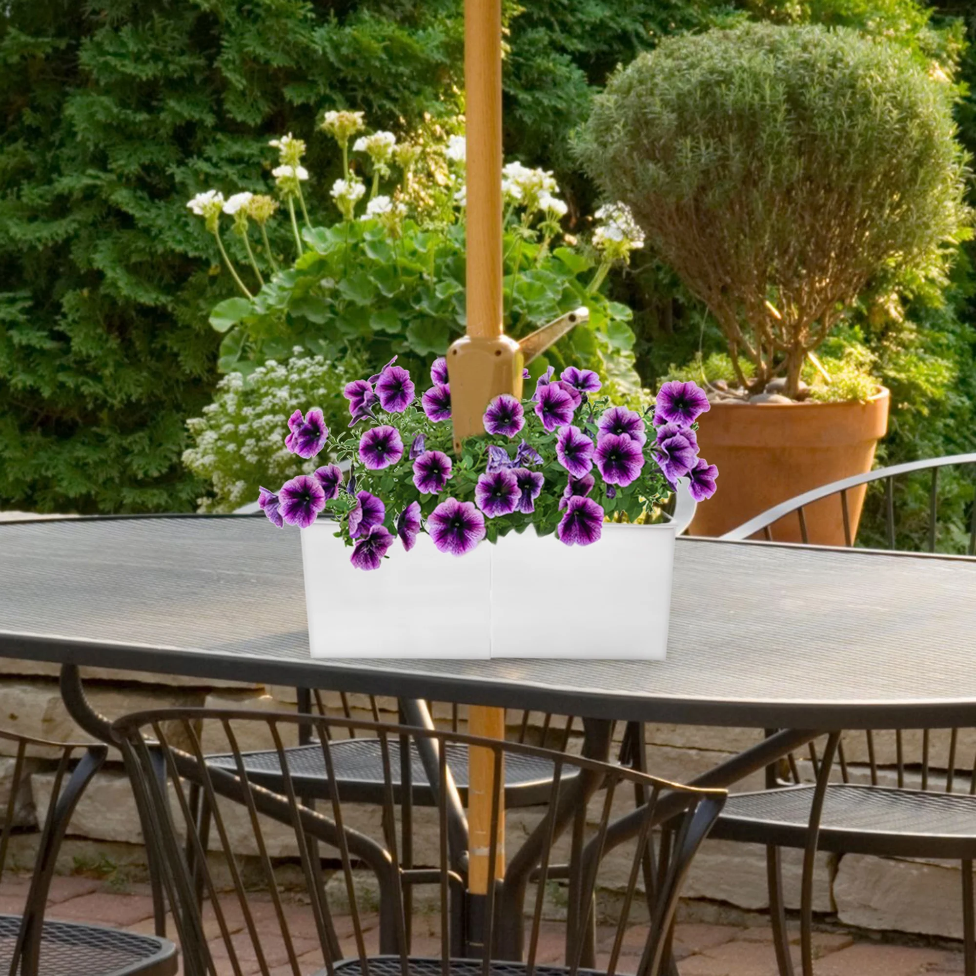 AuldHome Umbrella Planter for Patio Table (White Square), w/Umbrella Hole, Enamelware Rectangular Planter Pots