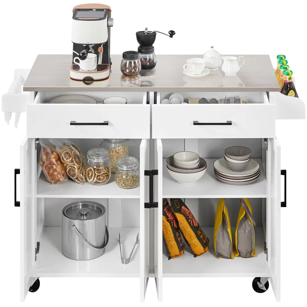 Easyfashion Kitchen Island with Storage Drawers & Cabinets, White