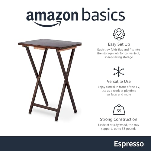Amazon Basics Classic Portable TV Dinner Rectangular Folding Tray Table with Storage Rack, Natural - Set of 4 Trays, 15