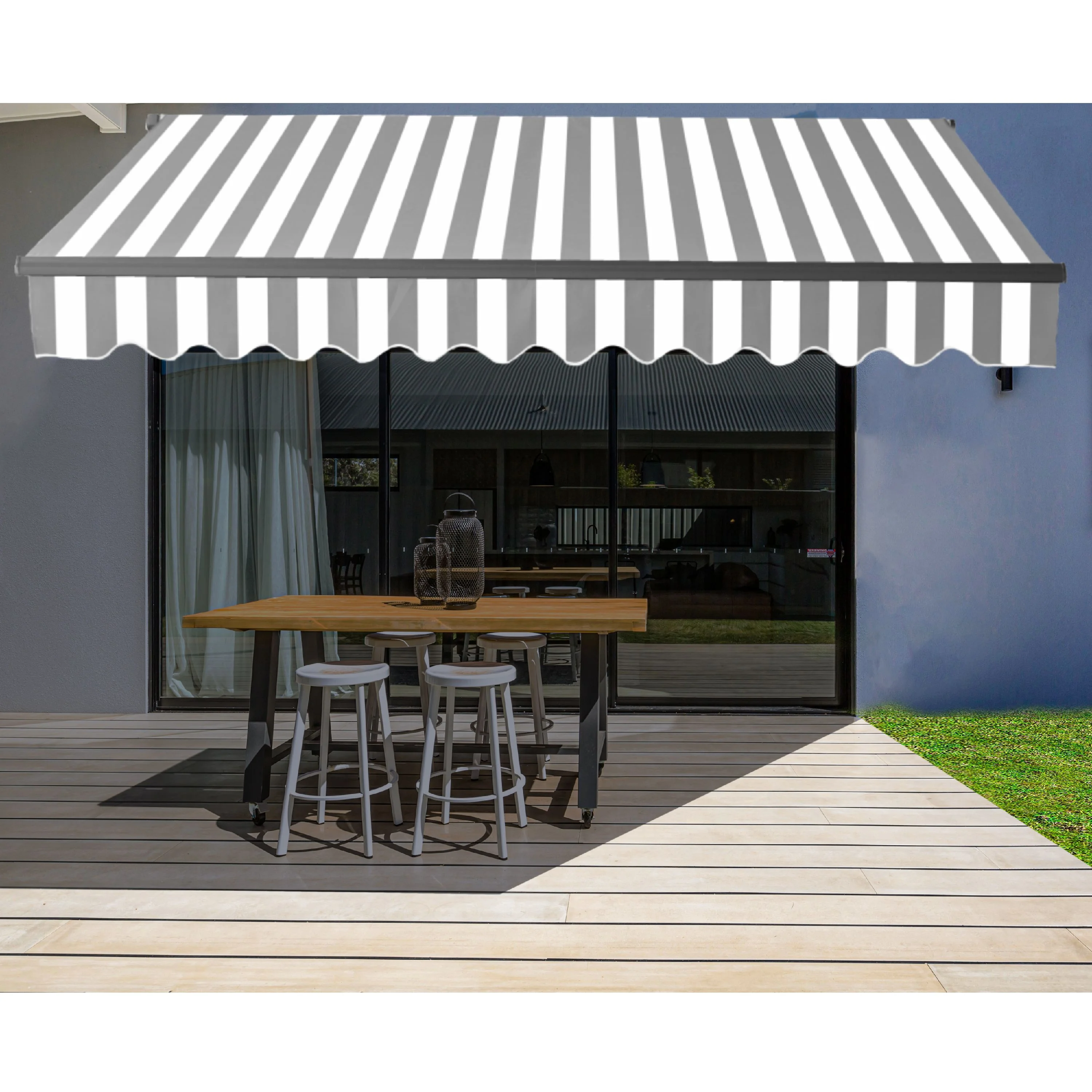 ALEKO 20' x 10' Retractable Motorized Black Frame Patio Awning, Gray and White Striped Color
