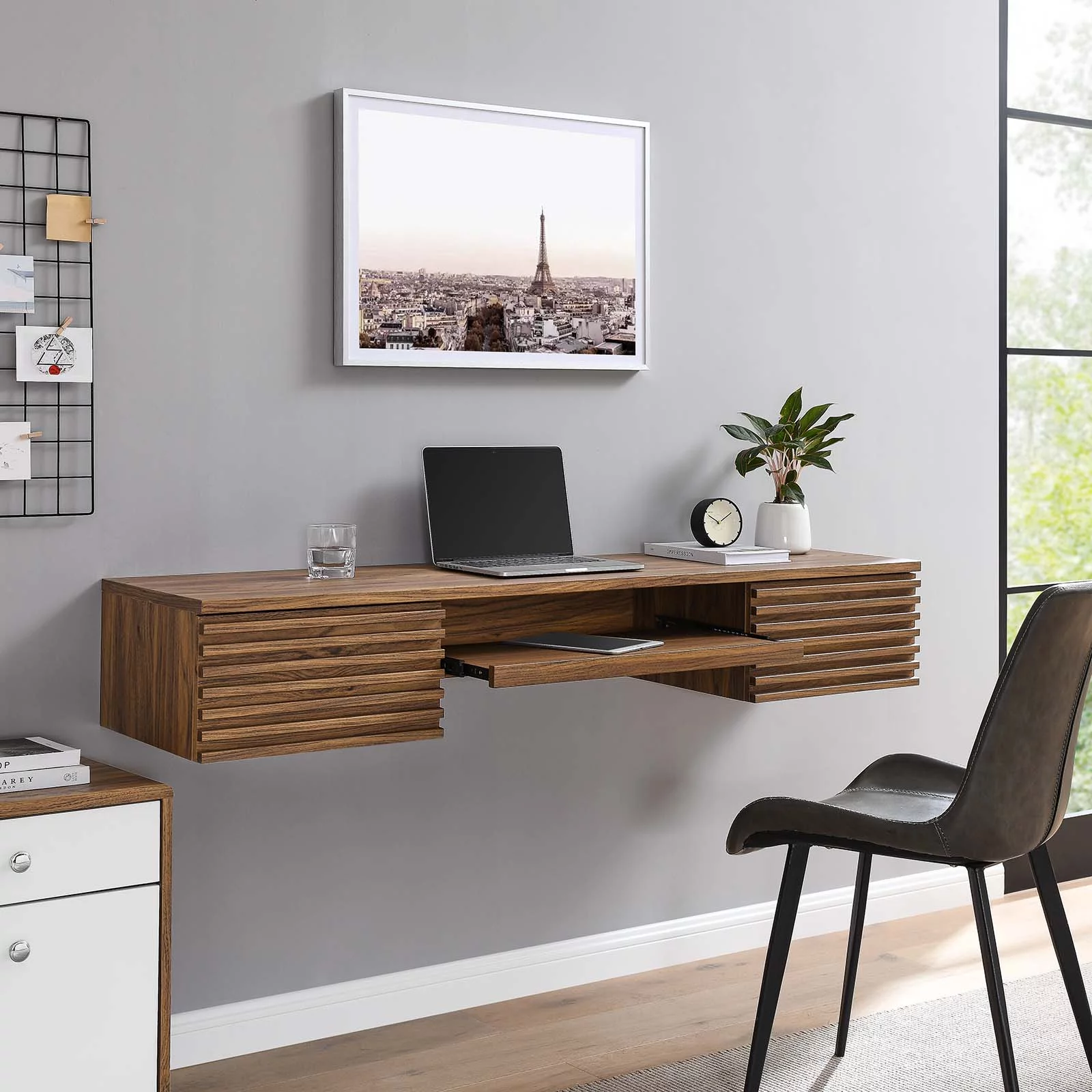 Modway Render Wall Mount Wood Office Desk in Walnut