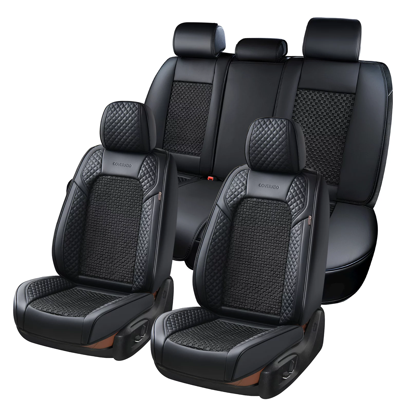 Coverado Black Seat Covers Full Set for Car, 5 Seats Faux Leather Front and Back Auto Seat Protectors, Breathable Universal Driving Seat Covers Cushions, Compatible with Sedan, SUVs, Trucks
