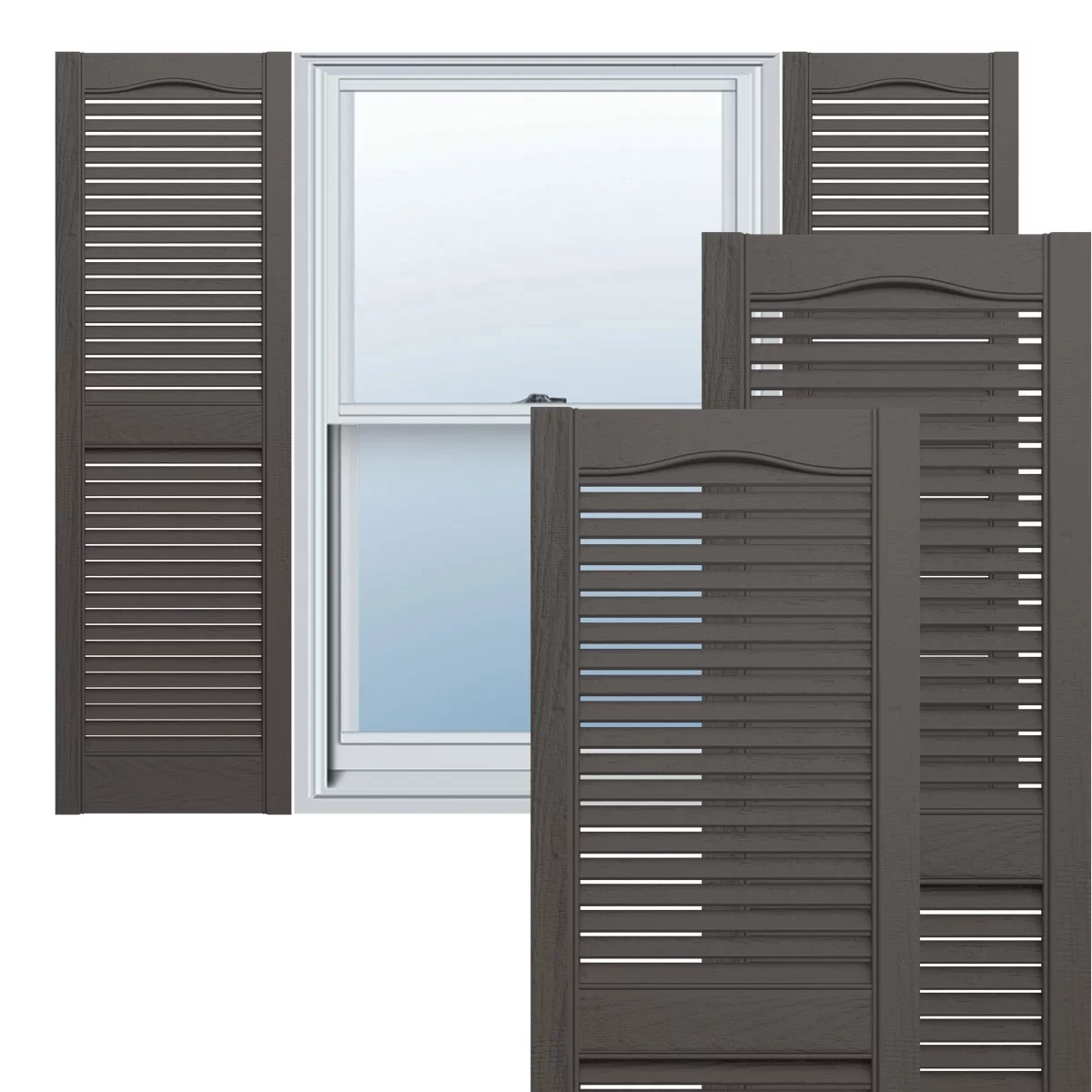Ekena Millwork 12 in. W x 64 in. H Builders Edge, Standard Cathedral Top Center Mullion, Open Louver Shutters, Includes Matching Installation Spikes (Per Pair), 010 - Musket Brown