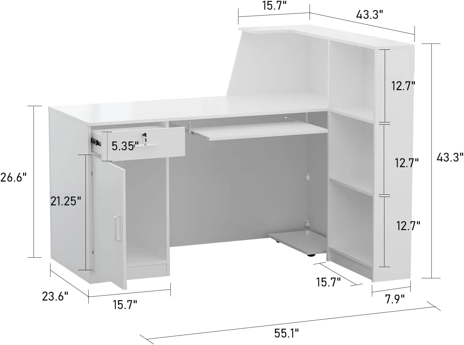 Modern Reception Desk Counter Desk for Retail & Checkout, Front Counter Table, L-Shaped, Black Tapes, for Office Boutique Lobby White (55.1”W x 23.6”D x 43.3”H)