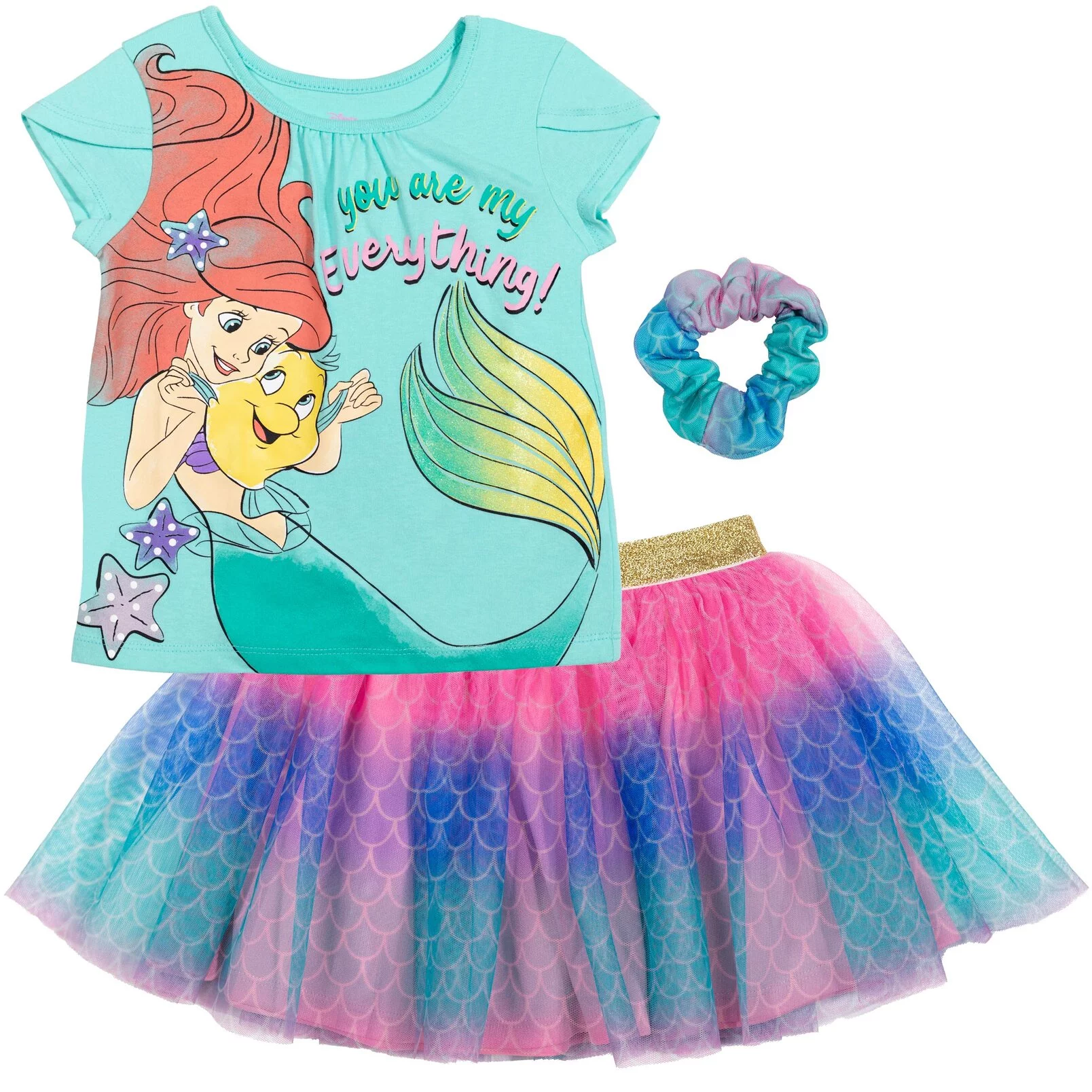 Disney Princess Ariel Little Girls T-Shirt Tulle Mesh Skirt and Scrunchie 3 Piece Outfit Set Toddler to Big Kid