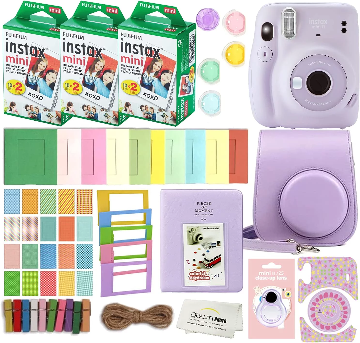 Fujifilm Instax Mini 11 Instant Camera (Lilac Purple) with Case, 60 Fuji Films, Decoration Stickers, Frames, Photo Album and More Accessory Kit