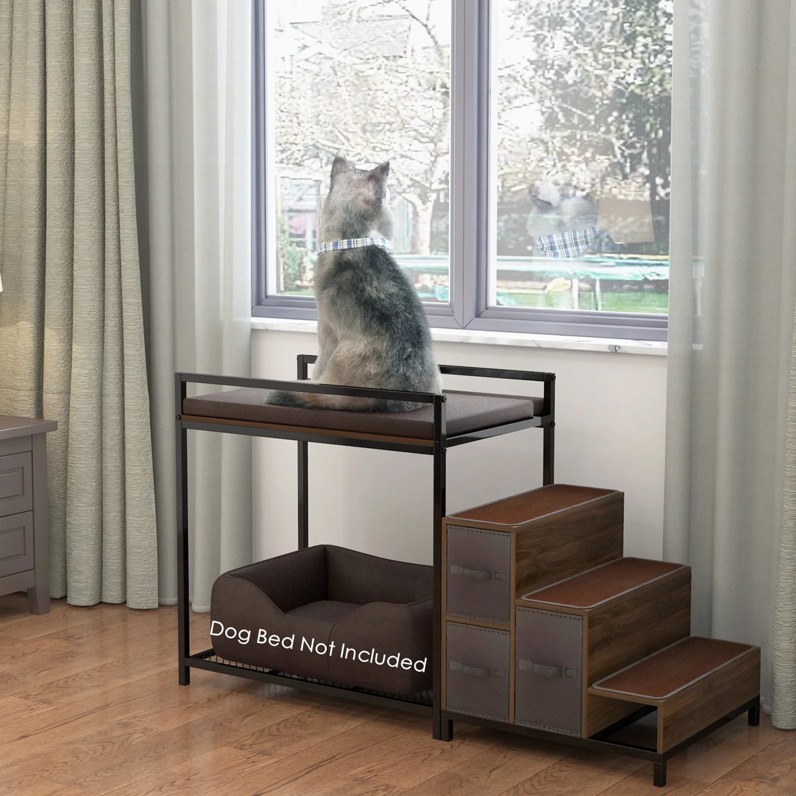 GDLF Dog Bunk Bed Window Pet Perch Elevated for Cats Dogs, Non-slip Pad and Storage