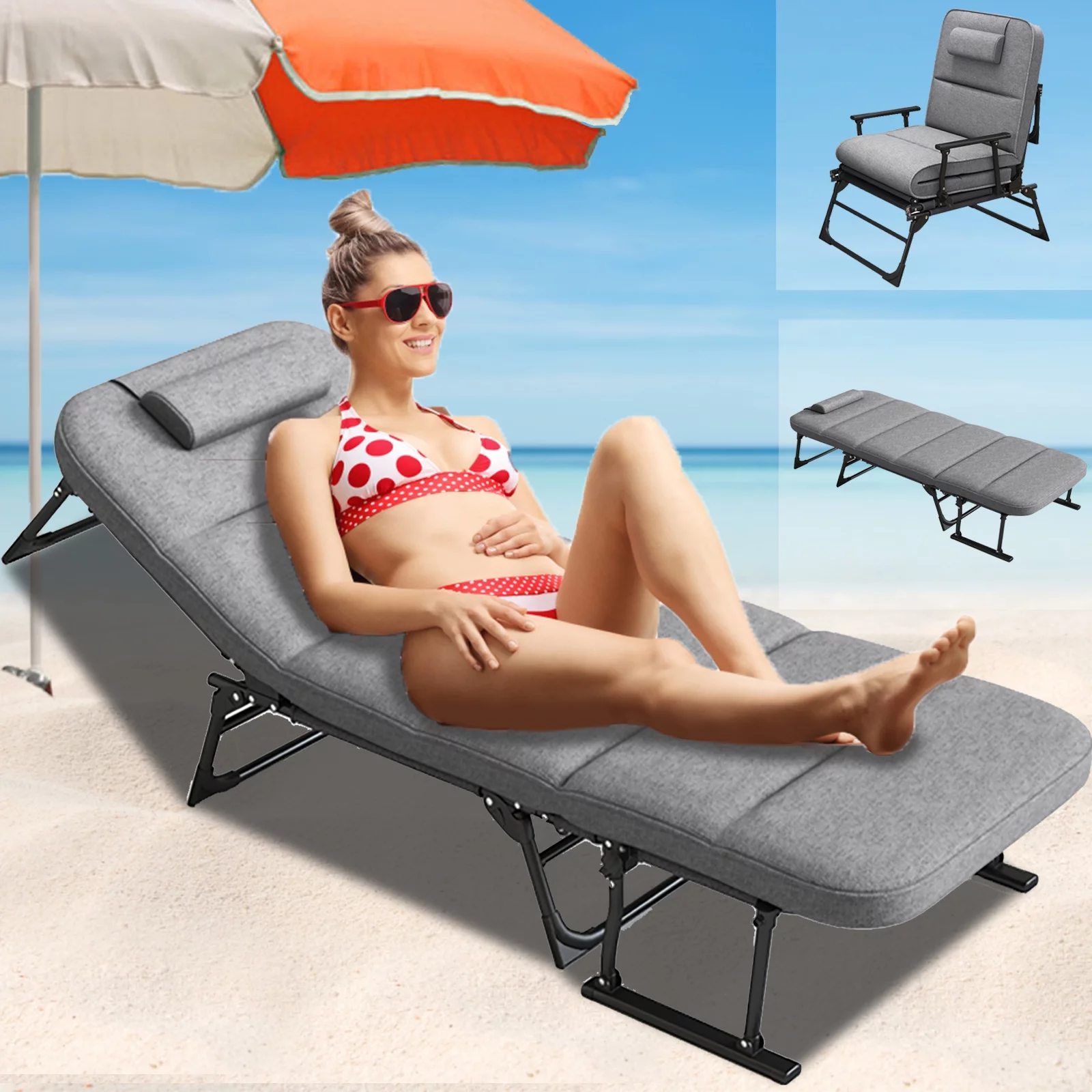 Lilypelle Folding Camping Cot Outdoor Lounge Chair Adjustable 4-Position recliner Chaise Lounge Chair for Home/Office Nap and Beach Pool Vacation