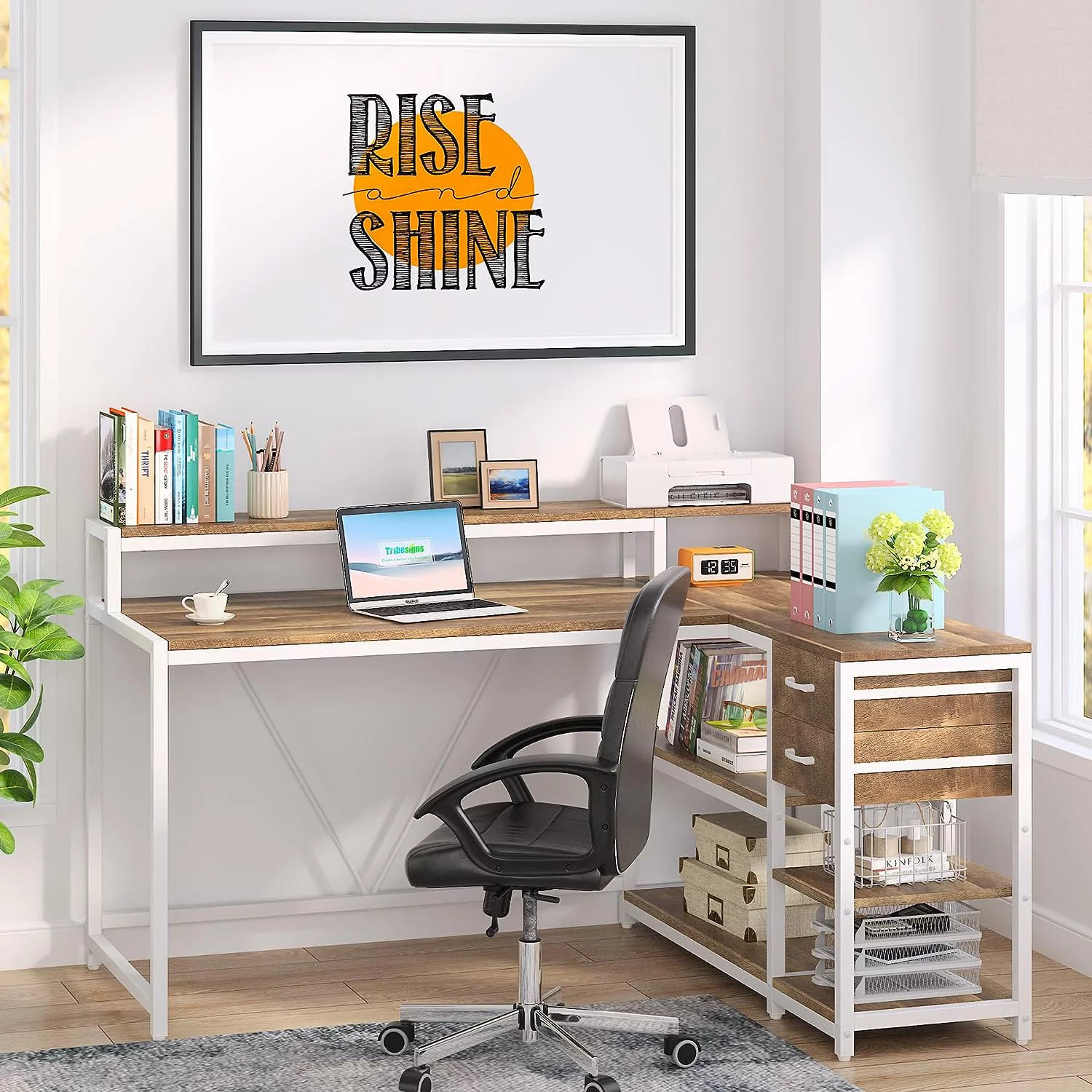 Tribesigns L Shaped Desk with Drawer, Corner Desk Home Office Table with Storage Shelves and Monitor Stand, Rustic Wooden and Metal PC Desk for Small Space