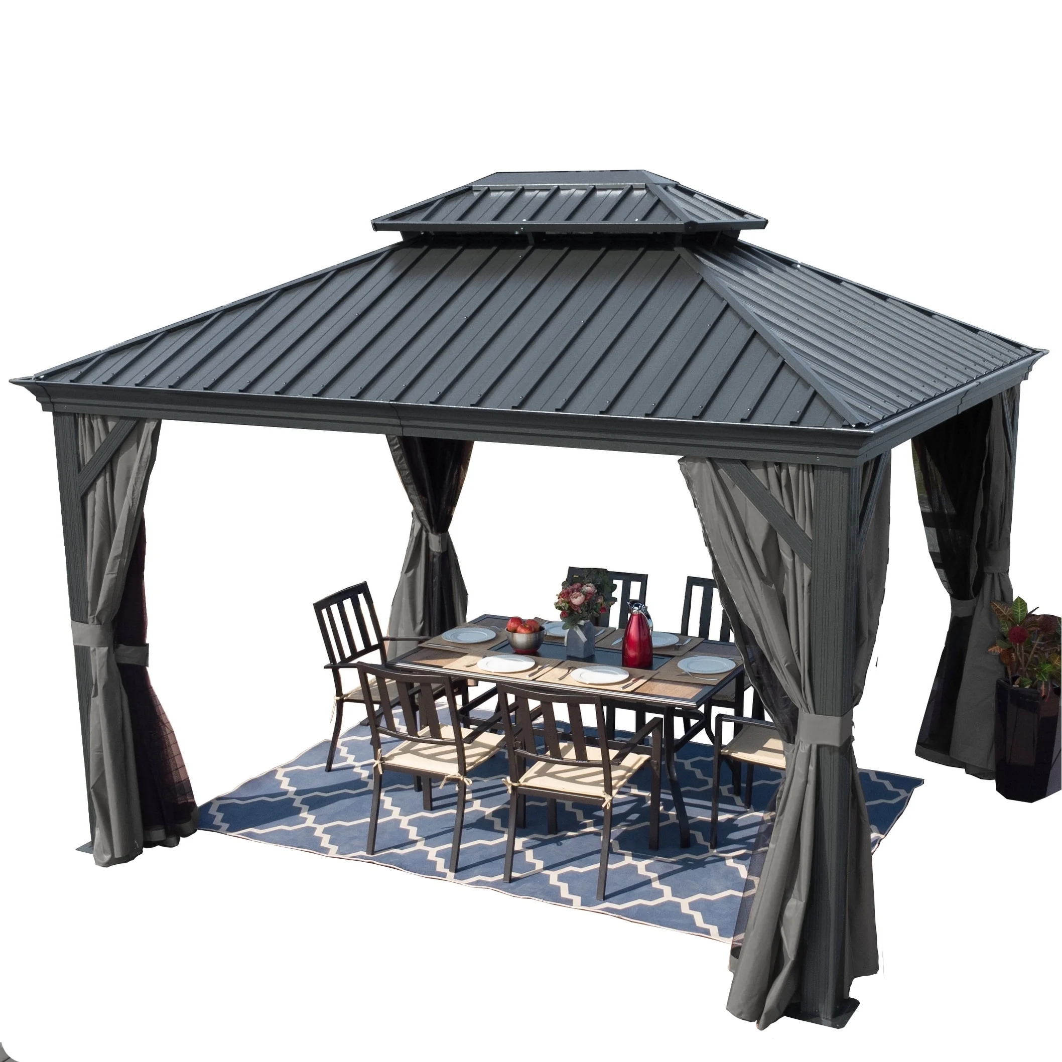 Kozyard LLC Kozyard Alexander Hardtop Aluminum Gazebo with Mosquito Net and Privacy Curtain Grey 10' x 12'