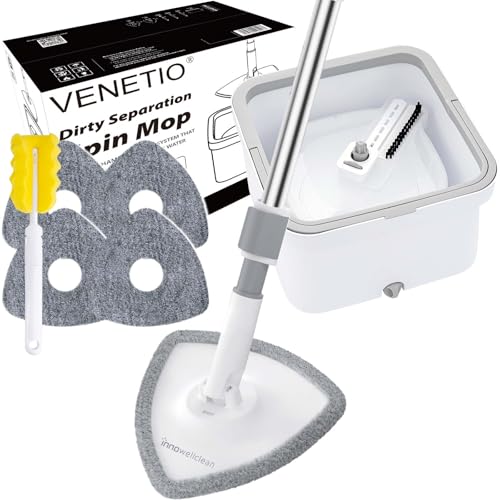 VENETIO Innowellclean Triangle Spin Mop & Bucket Set with Self-Cleaning/Dry/Wet 3-in-1 Dirty Separation System | Microfiber Mop for Floor Cleaning - Home & Kitchen Hardwood, Laminate, Tile (5 Pads)
