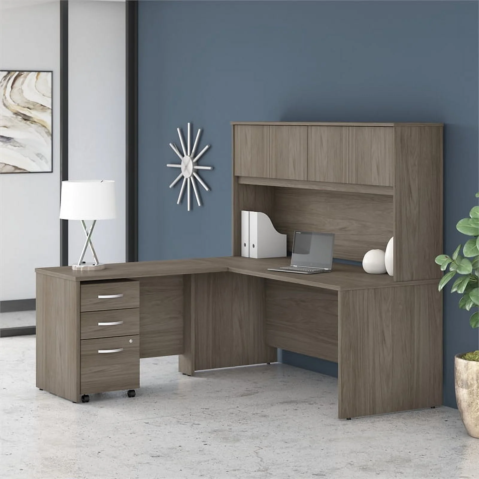 Pemberly Row Engineered Wood 72W L Desk with Hutch and Drawers in Modern Hickory