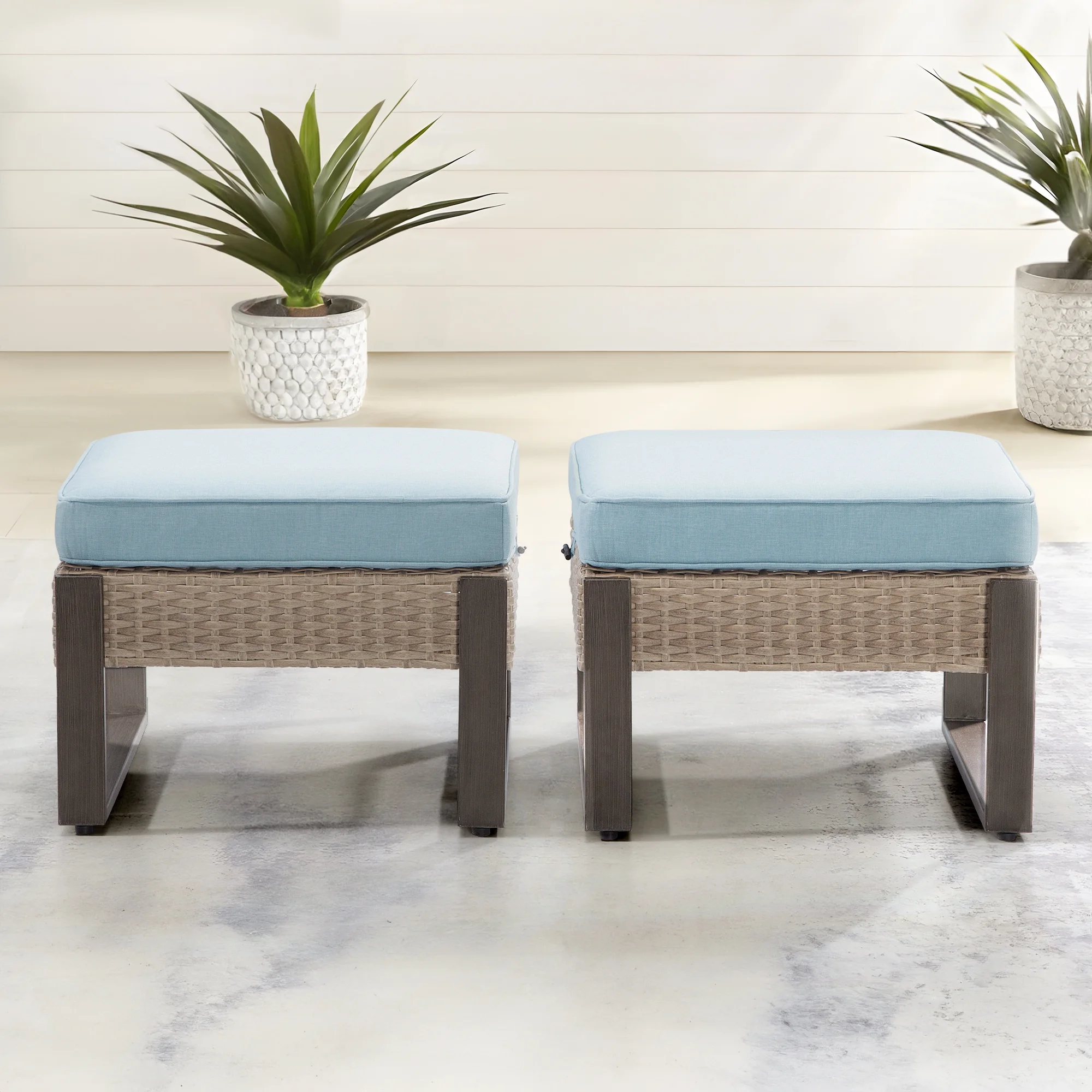 Meetleisure 2-Piece Outdoor PE Rattan Ottomans with Removable Cushions, Sky Blue