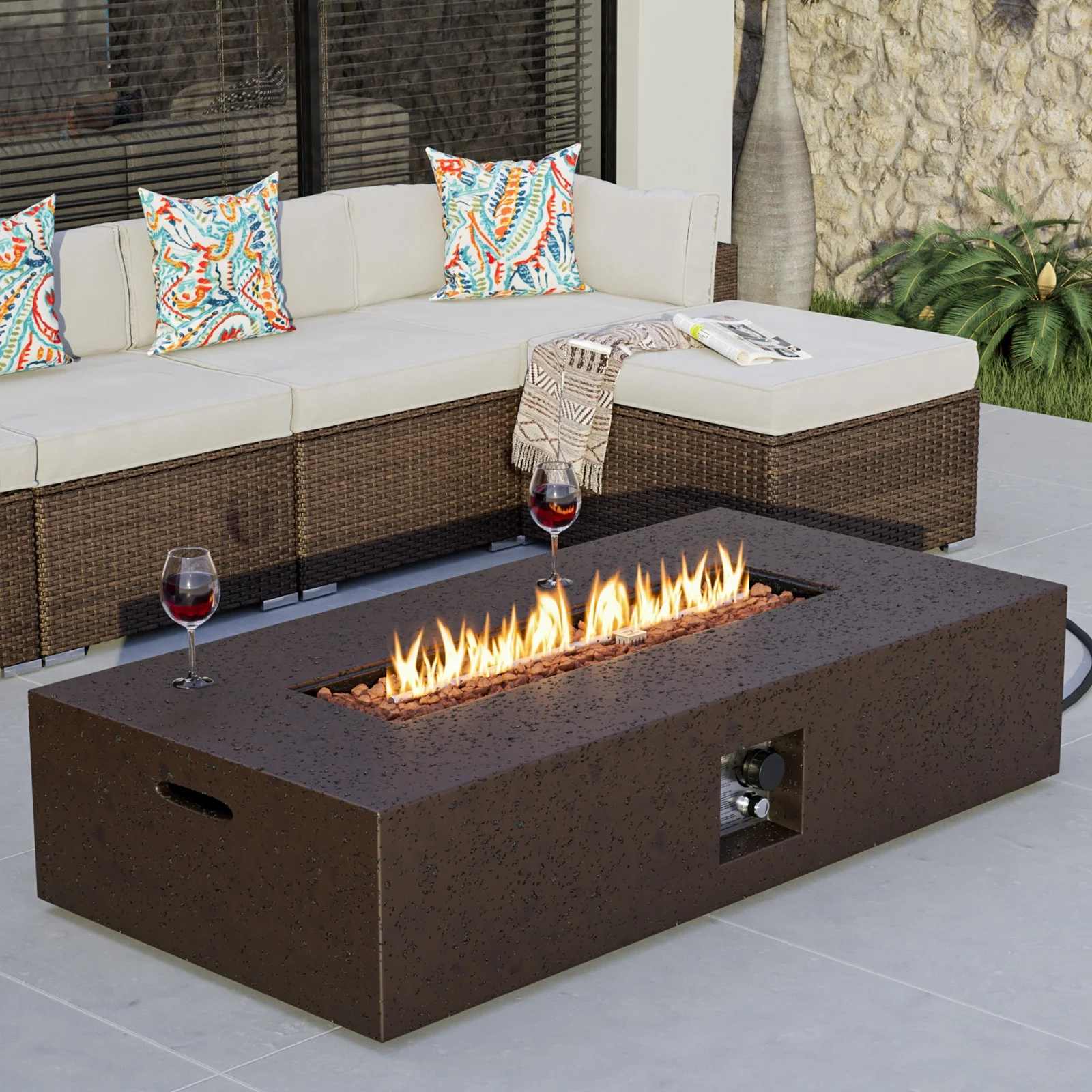 COSIEST 56-inch x 28-inch Outdoor Propane Fire Pit Coffee Table w Concrete Rectangle Base, 50,000 BTU, Free Lava Rocks and RainCover, Fits 20lb Tank Outside
