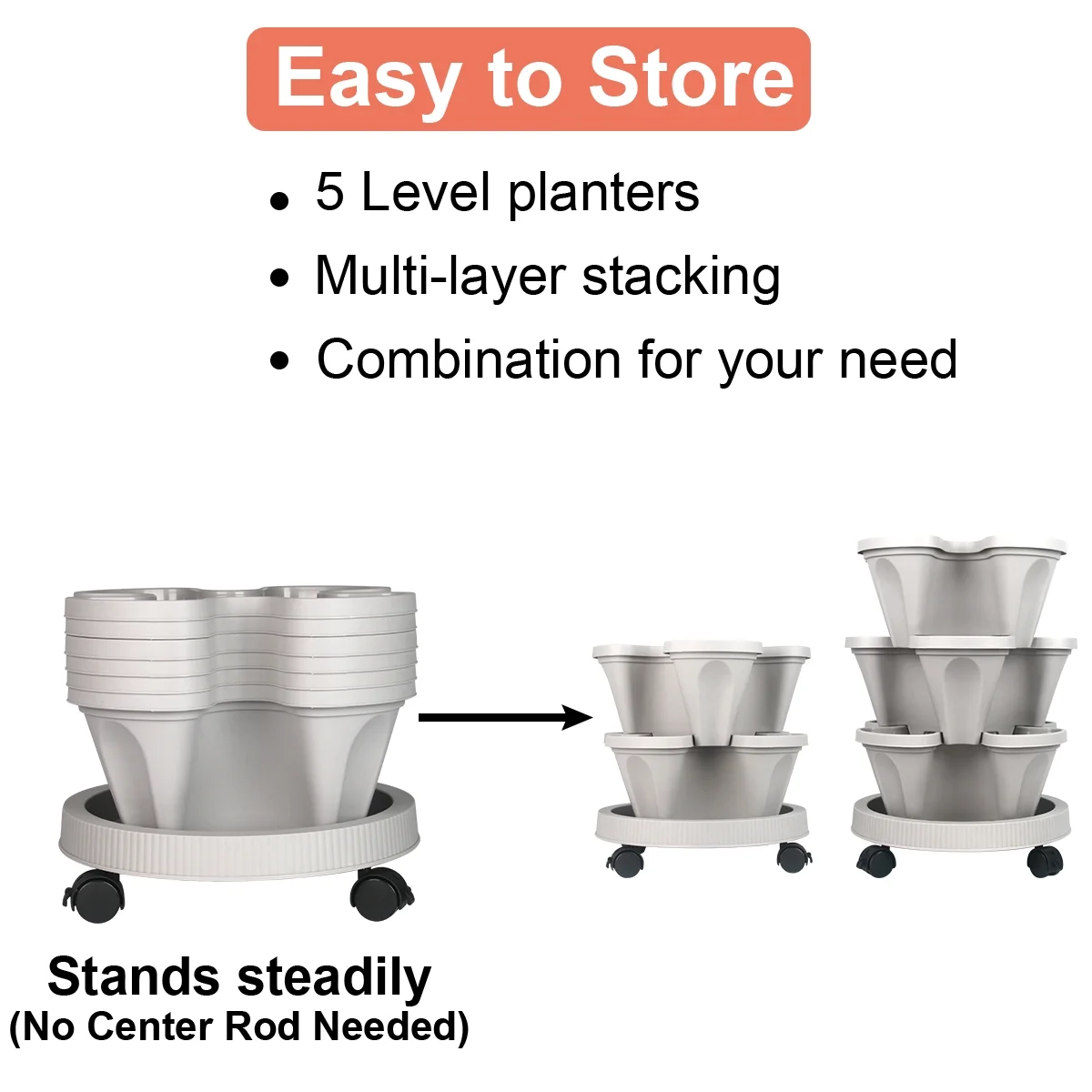 4-Tire Vertical Stackable Plastic Herb and Flower Planters Pot Indoor Outdoor - Gray,2 Set
