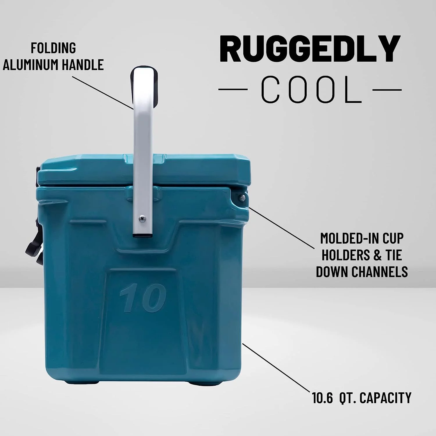 CAMP-ZERO 10L Premium Cooler/Ice Chest with Carry Handle and 2 Molded-in Cup Holders with Drain Channels | Turquoise
