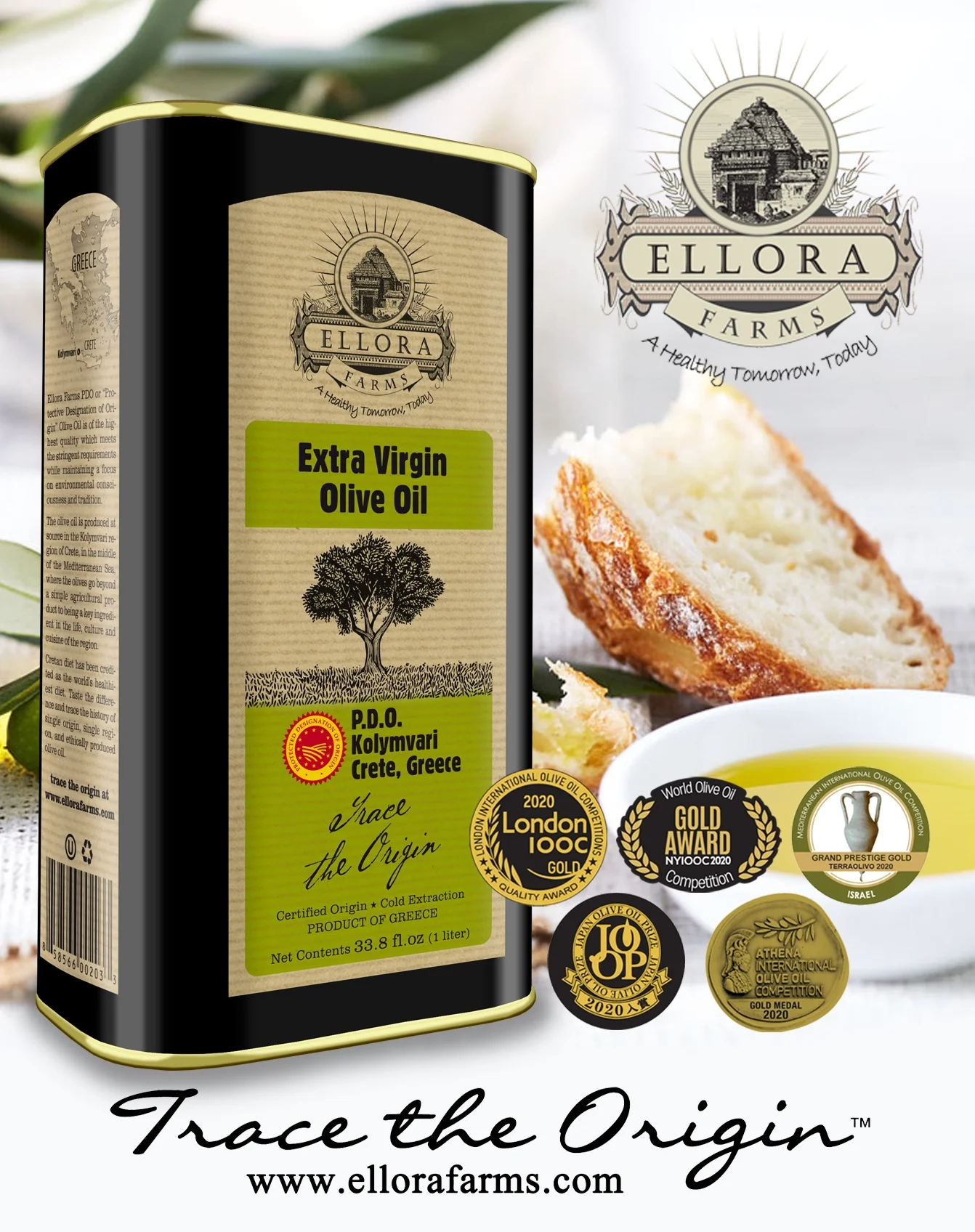 Ellora Farms, Greek Extra Virgin Olive Oil, Global Award Winner, Single Estate Certified PDO, First Cold Pressed, High in Polyphenols, Kosher (33.8 oz) 1 Liter Tin