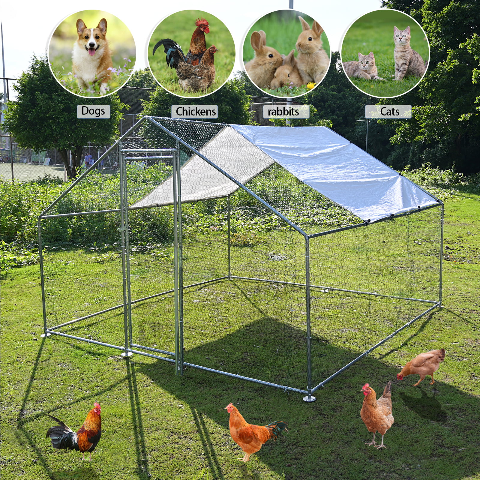 Yamissi Chicken Coop Hen Run House Outdoor Walk in Extra Large Metal Coops Farm Ranch Poultry Cage Spire Shaped 10 x 10ft