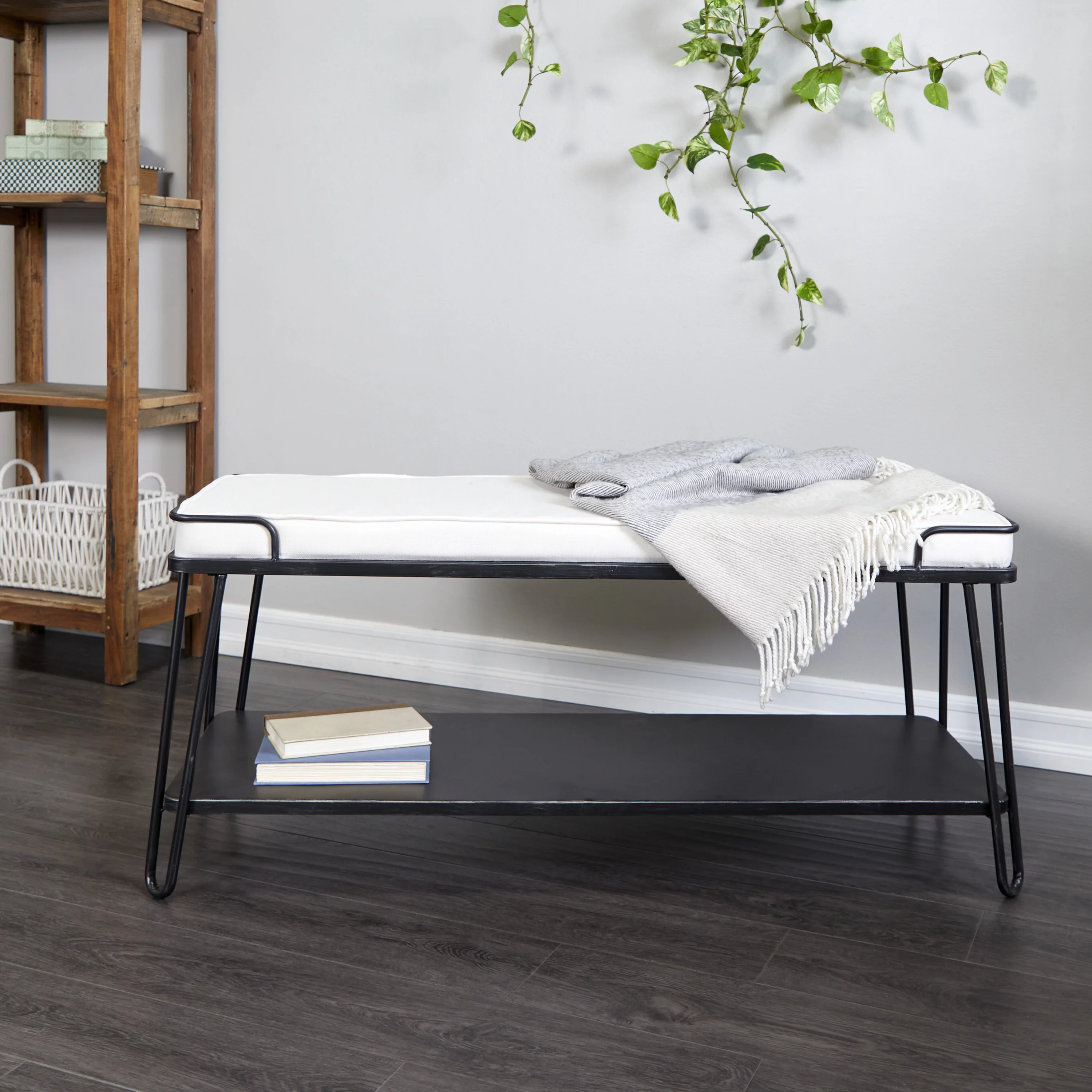 DecMode Metal Single Shelf Bench with White Upholstered Seat, Black