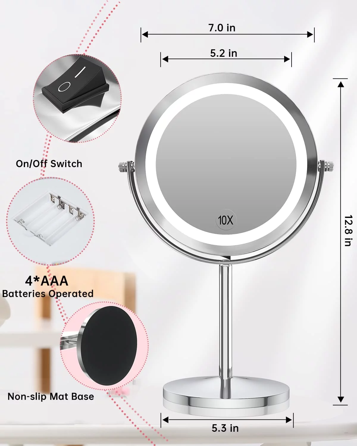 Houflody 1x/10x Magnifying Lighted Makeup Mirror Double Sided Round Mirror Standing 360 Degree Swivel Vanity Mirror Battery Operated 7 Inch Diameter Shaving Bathroom Mirror, Button Switch-Silver