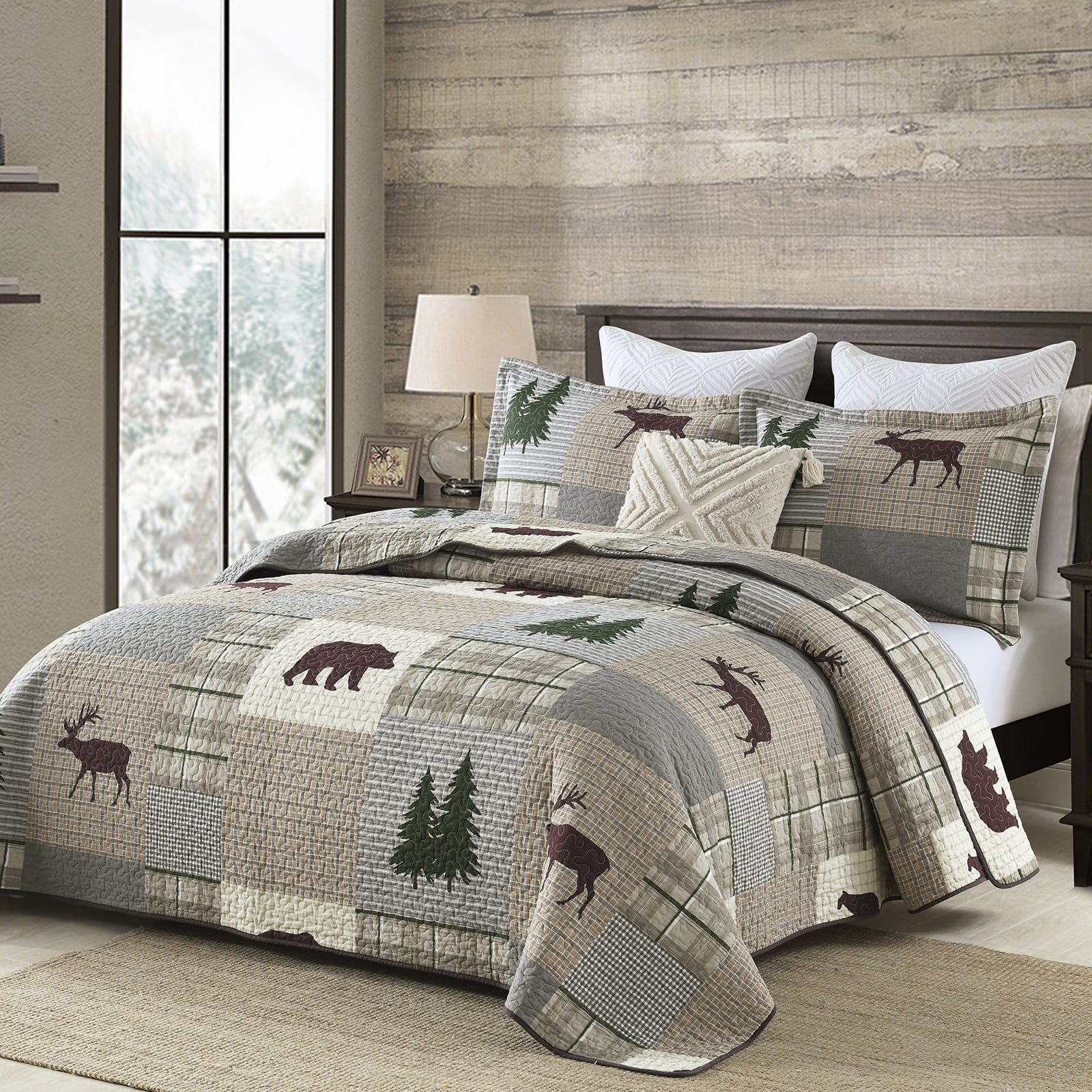 Bedduvit Cotton Quilt for Queen Bed - 100% Cotton Summer Lightweight Queen Quilt, Brown Gray Patchwork Plaid Quilt Bedspread, Bear & Deer & Tree Farmhouse 3-Piece Quilt Comforter Set, 98x106