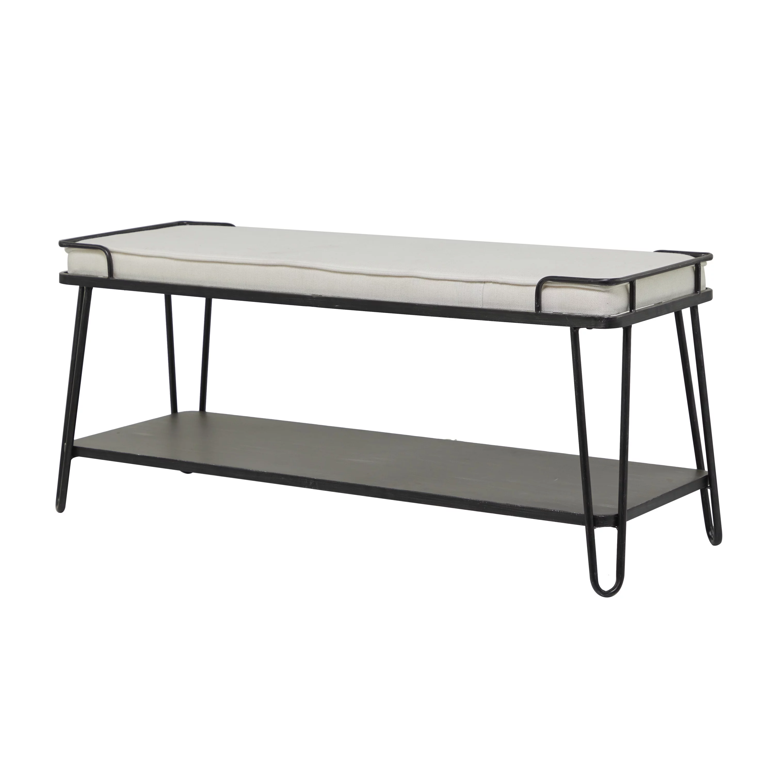 DecMode Metal Single Shelf Bench with White Upholstered Seat, Black
